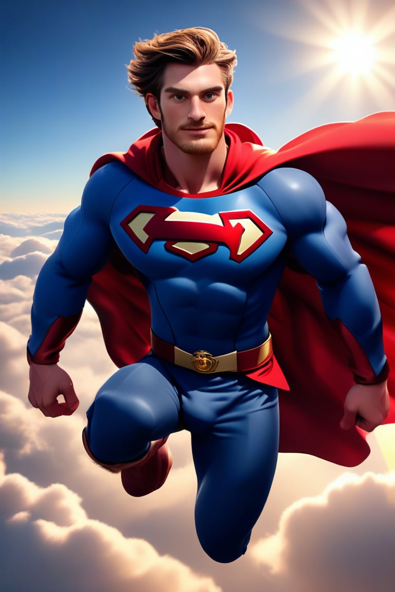 (masterpiece, professional 3d, best quality), herin is powerful masculine welsh man, he is wearing hero uniform with cape with dynamic movement, flying in the sky, clouds, sun, depth of field, professional smooth clear clean CGI in UHD, highres image scan, best high-octane 3d engine, high-poly, colorful, vibrant, matte,