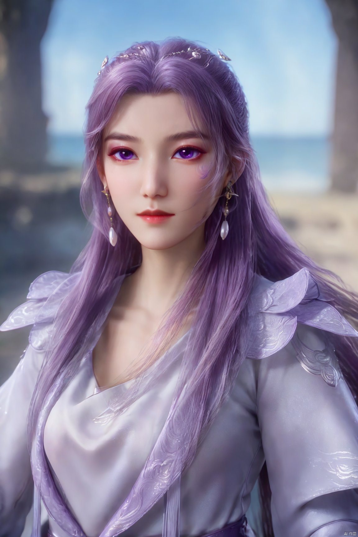  best quality,masterpiece,1girl,solo,long hair,looking at viewer,jewelry,closed mouth,purple eyes,upper body,purple hair,earrings,blurry,blurry background,sunlight,red lips,(big breasts:1.59), Yunxiao_xianzi, Brigitte Lin, X-aurora, pearl_shell, song_hanfu, fantasy_butterfly