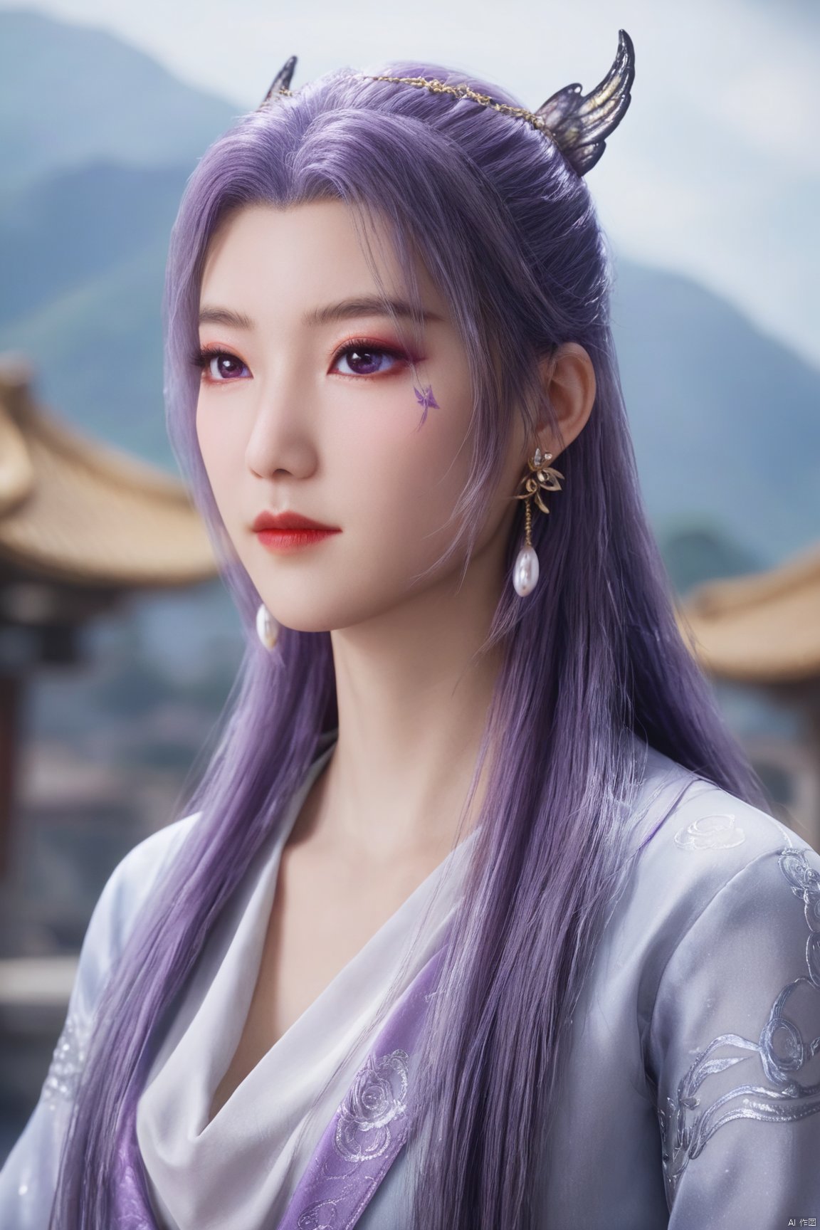  best quality,masterpiece,1girl,solo,long hair,looking at viewer,jewelry,closed mouth,black eyes,upper body,purple hair,earrings,blurry,blurry background,sunlight,red lips,(big breasts:1.59), Yunxiao_xianzi, Brigitte Lin, X-aurora, pearl_shell, song_hanfu, fantasy_butterfly,Xyunxiao