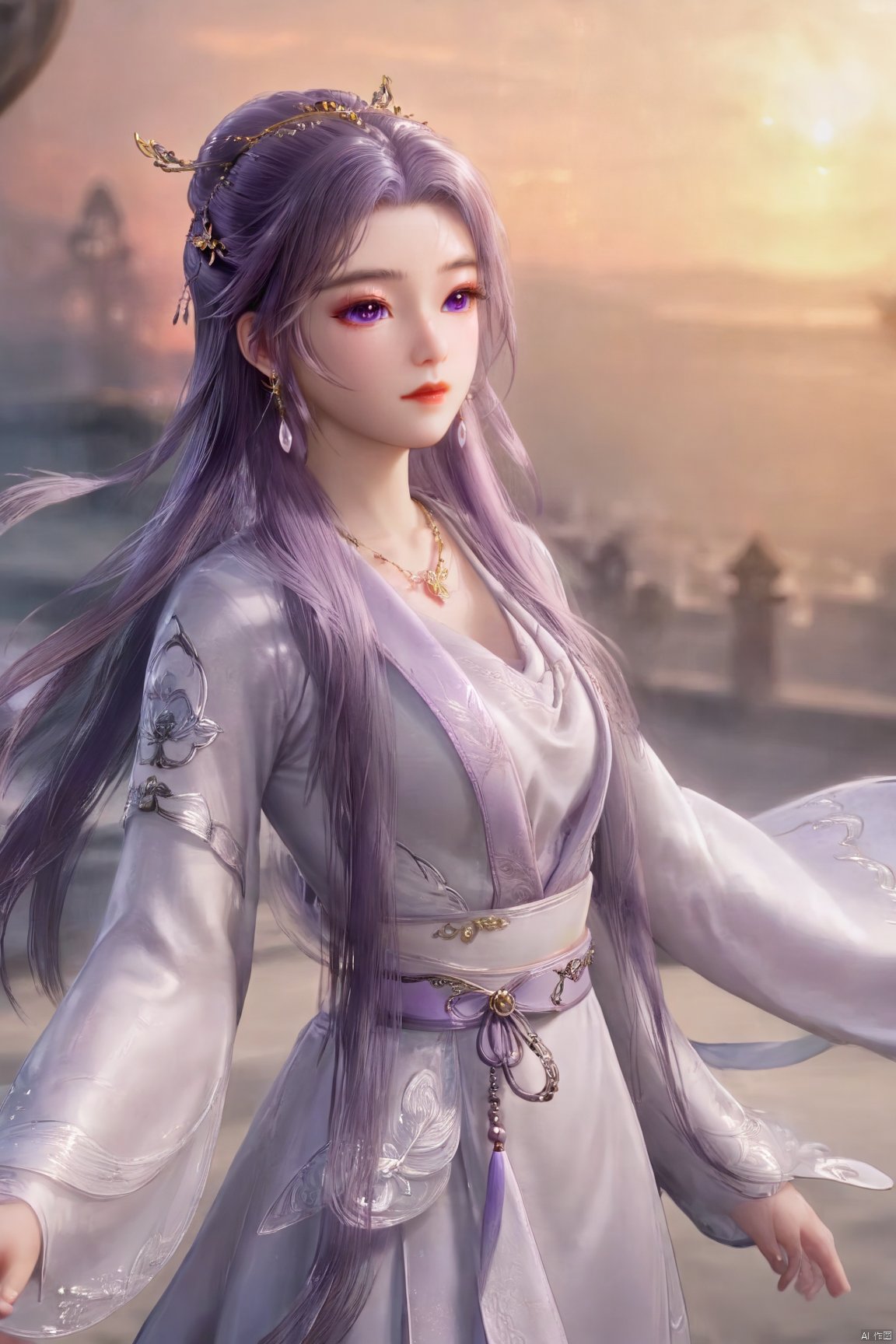  best quality,masterpiece,1girl,solo,long hair,looking at viewer,jewelry,closed mouth,purple eyes,upper body,purple hair,earrings,blurry,blurry background,sunlight,red lips,(big breasts:1.59), Yunxiao_xianzi, Brigitte Lin, X-aurora, pearl_shell, song_hanfu, fantasy_butterfly