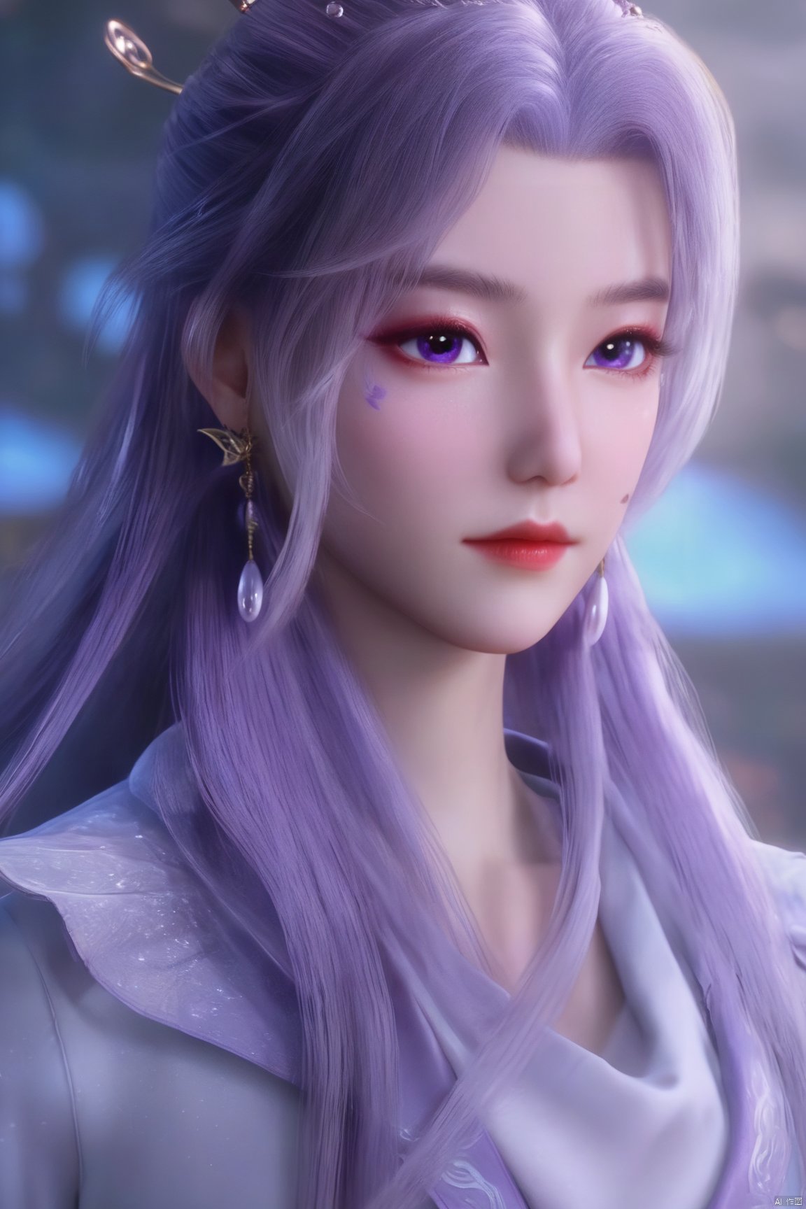  best quality,masterpiece,1girl,solo,long hair,looking at viewer,jewelry,closed mouth,purple eyes,upper body,purple hair,earrings,blurry,blurry background,sunlight,red lips,(big breasts:1.59), Yunxiao_xianzi, Brigitte Lin, X-aurora, pearl_shell, song_hanfu, fantasy_butterfly