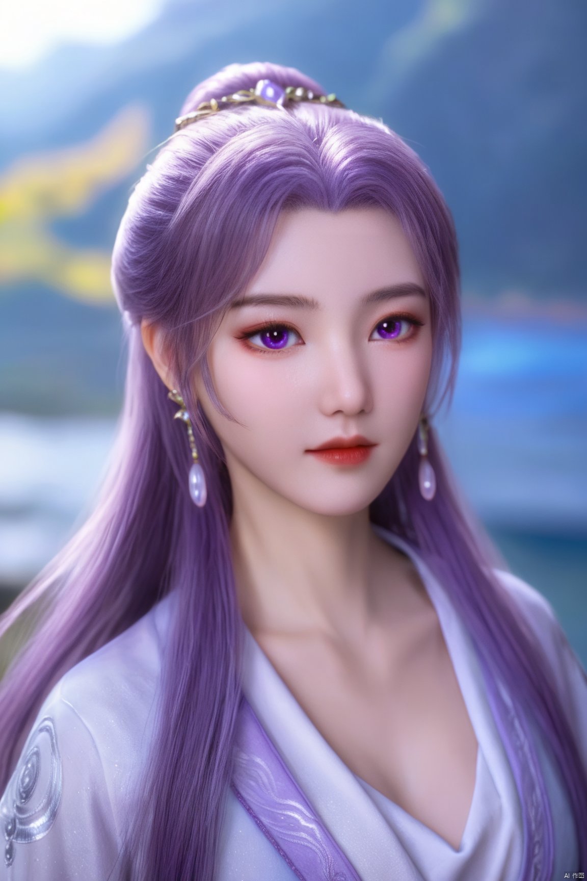  best quality,masterpiece,1girl,solo,long hair,looking at viewer,jewelry,closed mouth,purple eyes,upper body,purple hair,earrings,blurry,blurry background,sunlight,red lips,(big breasts:1.59), Yunxiao_xianzi, Brigitte Lin, X-aurora, pearl_shell, song_hanfu, fantasy_butterfly