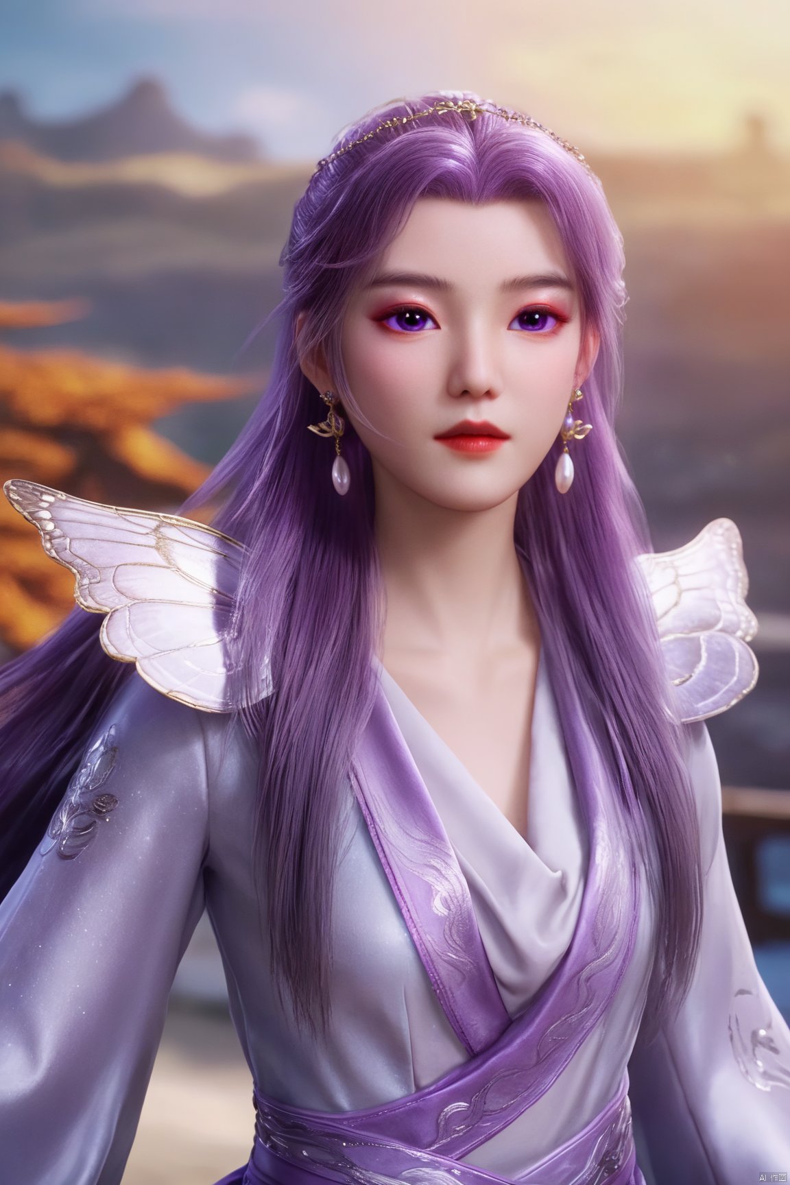  best quality,masterpiece,1girl,solo,long hair,looking at viewer,jewelry,closed mouth,purple eyes,upper body,purple hair,earrings,blurry,blurry background,sunlight,red lips,(big breasts:1.59), Yunxiao_xianzi, Brigitte Lin, X-aurora, pearl_shell, song_hanfu, fantasy_butterfly,Xyunxiao