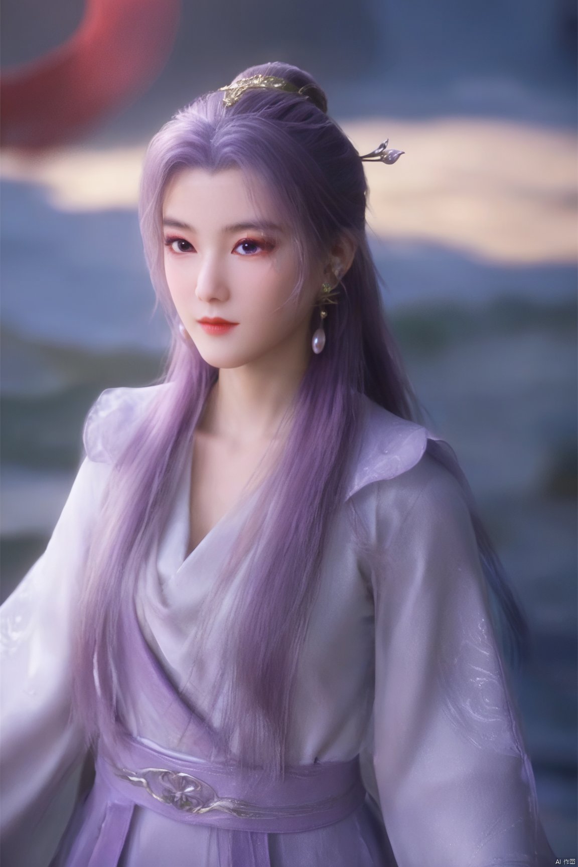  best quality,masterpiece,1girl,solo,long hair,looking at viewer,jewelry,closed mouth,black eyes,upper body,purple hair,earrings,blurry,blurry background,sunlight,red lips,(big breasts:1.79), Yunxiao_xianzi, Brigitte Lin, X-aurora, pearl_shell, song_hanfu, fantasy_butterfly,Xyunxiao