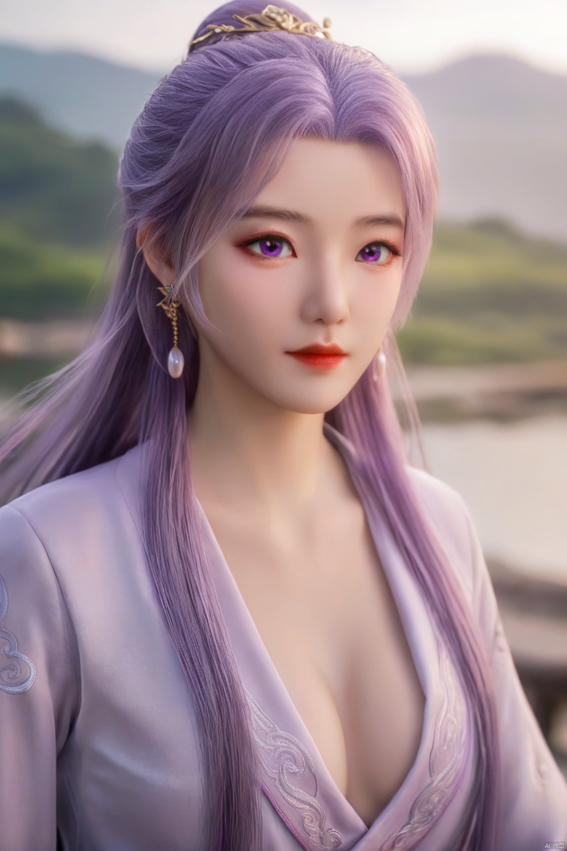  best quality,masterpiece,1girl,solo,long hair,looking at viewer,jewelry,closed mouth,purple eyes,upper body,purple hair,earrings,blurry,blurry background,sunlight,red lips,(big breasts:1.59), Yunxiao_xianzi, Brigitte Lin, X-aurora, pearl_shell, song_hanfu, fantasy_butterfly,Xyunxiao