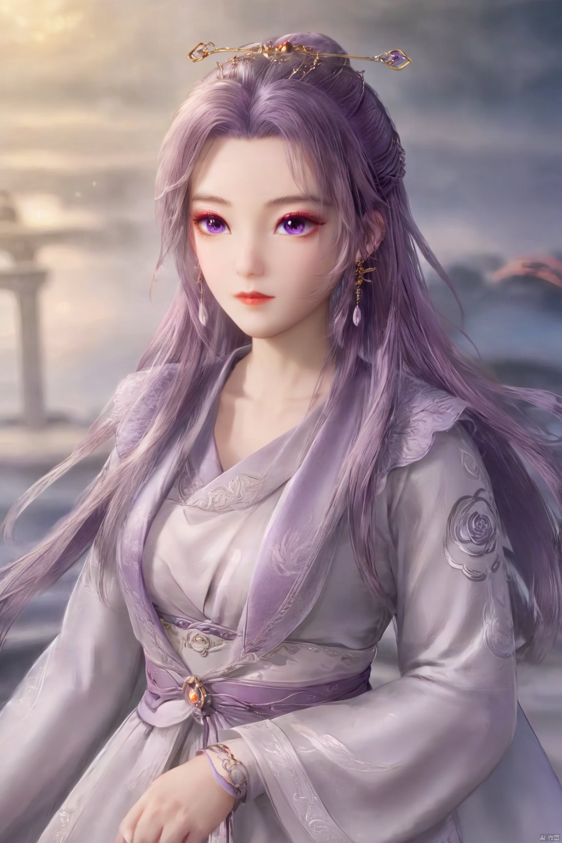  best quality,masterpiece,1girl,solo,long hair,looking at viewer,jewelry,closed mouth,purple eyes,upper body,purple hair,earrings,blurry,blurry background,sunlight,red lips,(big breasts:1.59), Yunxiao_xianzi, Brigitte Lin, X-aurora, pearl_shell, song_hanfu, fantasy_butterfly,Xyunxiao