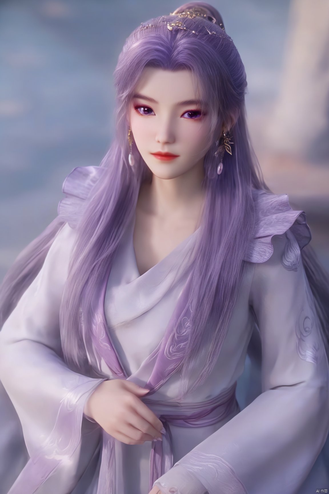  best quality,masterpiece,1girl,solo,long hair,looking at viewer,jewelry,closed mouth,purple eyes,upper body,purple hair,earrings,blurry,blurry background,sunlight,red lips,(big breasts:1.59), Yunxiao_xianzi, Brigitte Lin, X-aurora, pearl_shell, song_hanfu, fantasy_butterfly