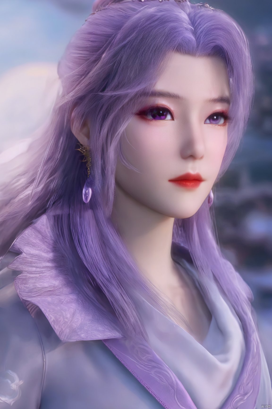  (best quality,masterpiece),1girl,solo,long hair,looking at viewer,jewelry,closed mouth,upper body,purple hair,earrings,blurry,blurry background,sunlight,red lips,(big breasts:1.59), Yunxiao_xianzi, Brigitte Lin, ,Xyunxiao,(Peony,full moon:1.39)