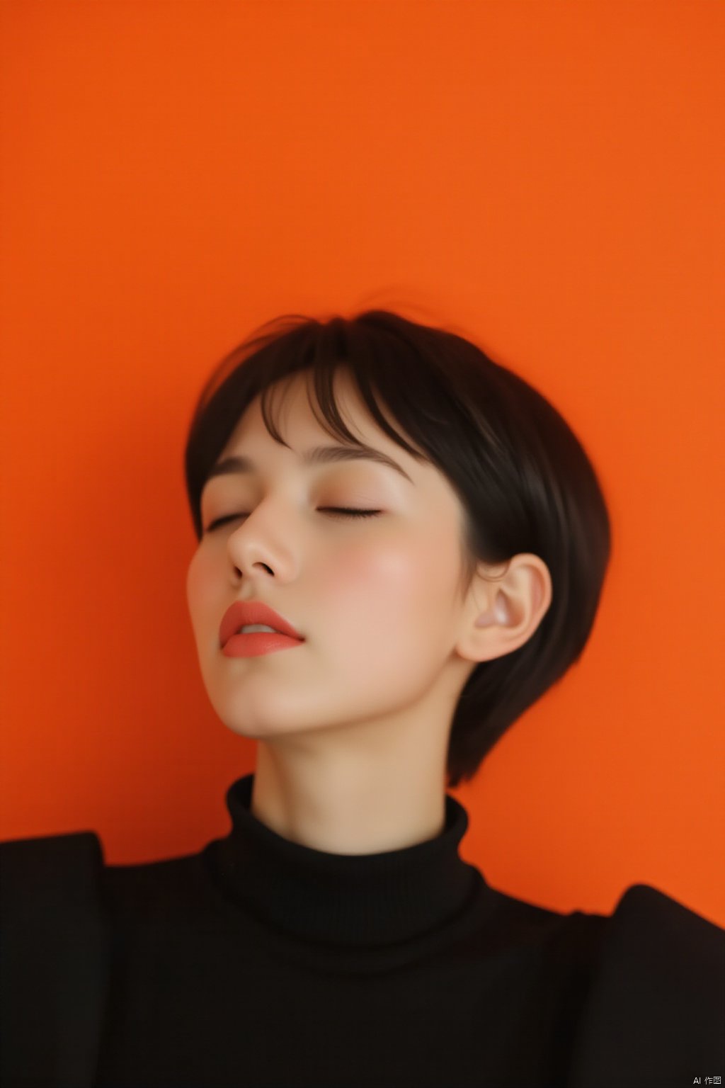 The image features a female subject against a vibrant orange background. She is portrayed with her head tilted back and eyes closed, conveying a sense of peaceful repose. The woman has short black hair, and she is wearing a black turtleneck, creating a striking contrast with the bright background. Her features are depicted with a blend of realism and artistic expression, accentuating her serene expression and the smooth contours of her face and neck. The overall ambiance of the image is tranquil and introspective, highlighted by the use of saturated colors and the clear focus on the subject’s face and upper torso. This creates a captivating visual impact that draws the viewer into a moment of quiet contemplation alongside the subject.