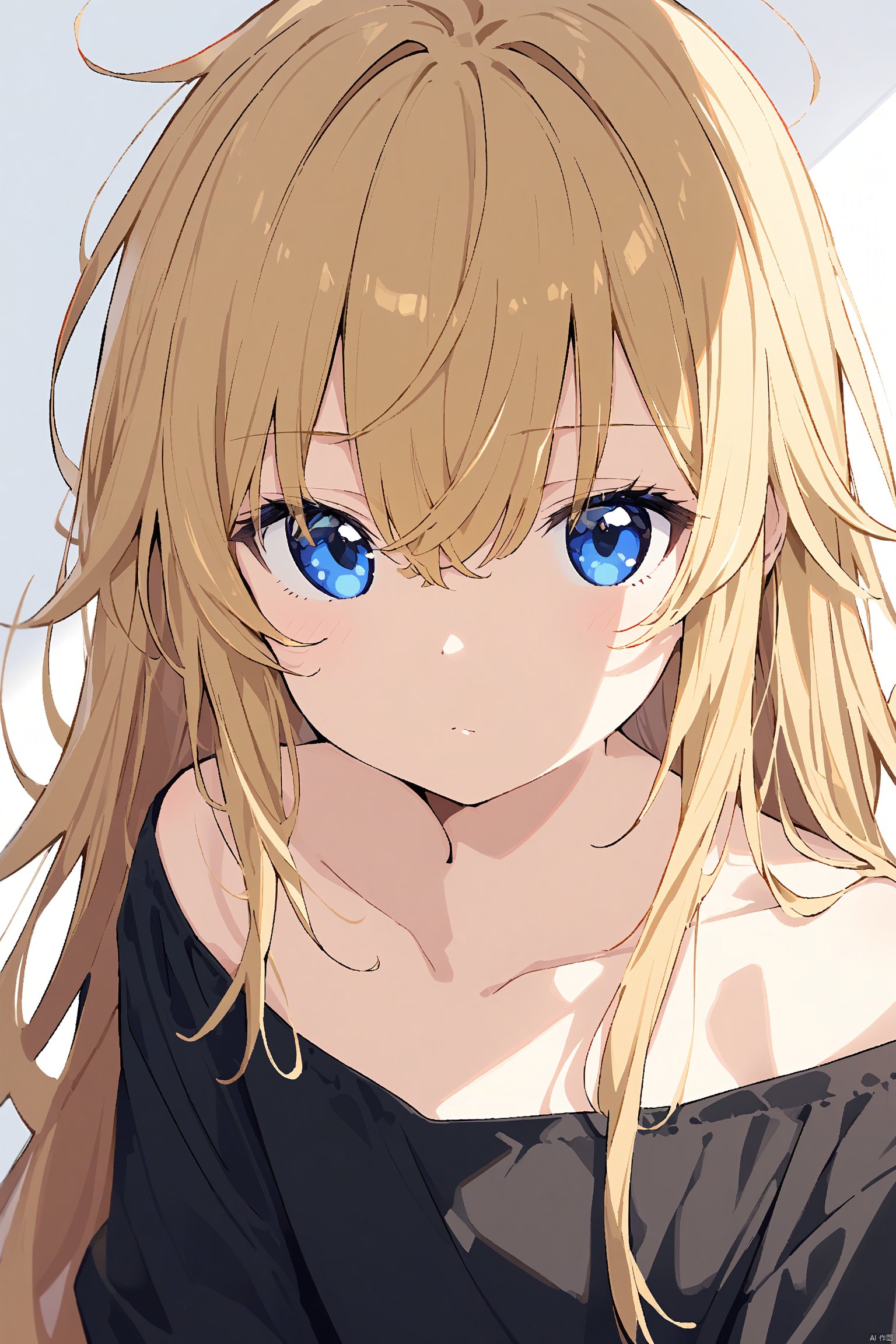 1girl,solo,long_hair,blue_eyes,looking_at_viewer,shirt,upper_body,black_shirt,bangs,collarbone,blonde_hair,long_sleeves,closed_mouth,messy_hair,hair_between_eyes,bare_shoulders,off_shoulder