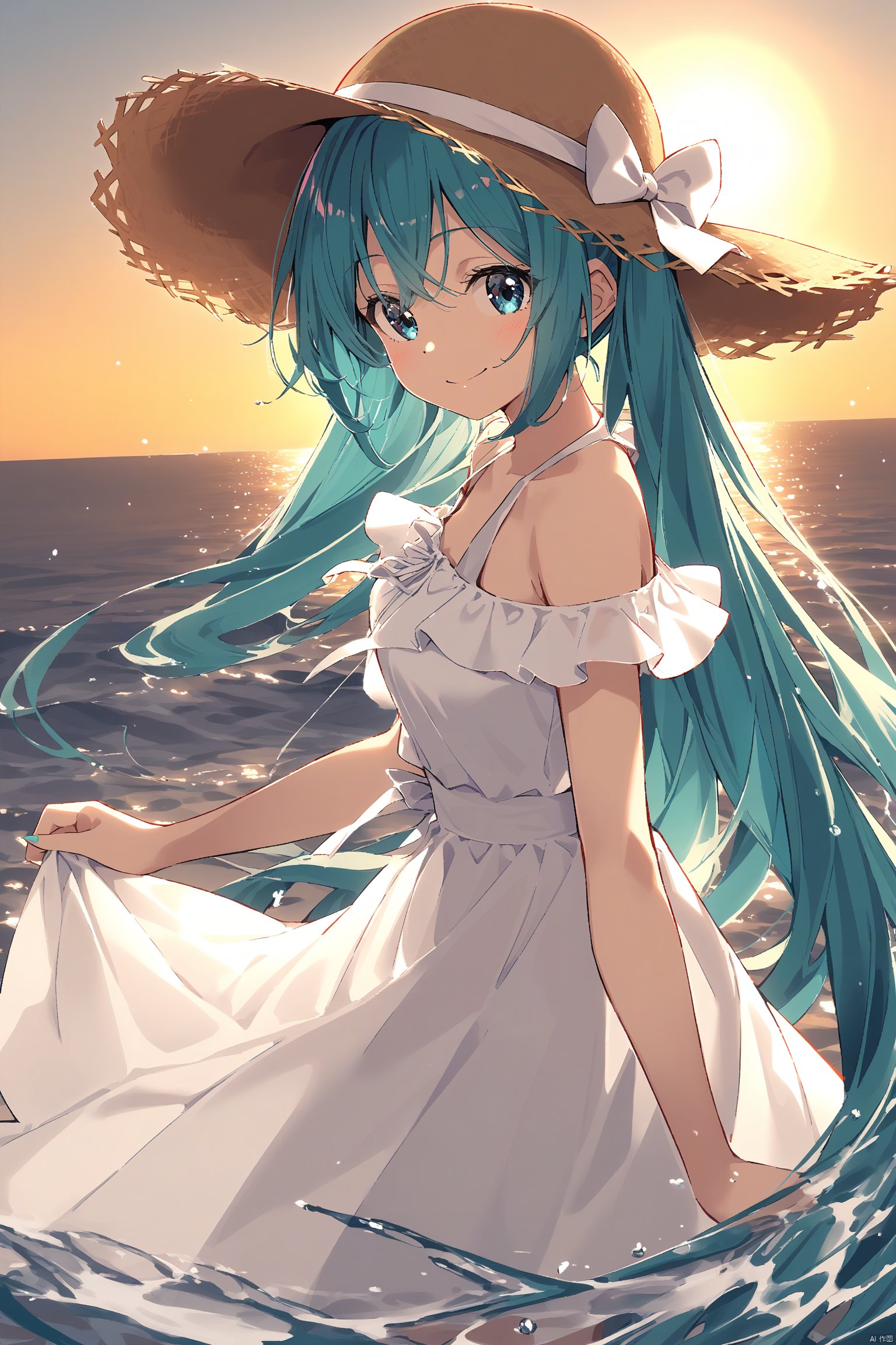 1girl, bangs, bare_shoulders, blue_eyes, brown_headwear, closed_mouth, dress, from_side, hat, hat_bow, hat_ribbon, hatsune_miku, long_hair, looking_at_viewer, off_shoulder, ribbon, smile, solo, straw_hat, sun_hat, very_long_hair, water, white_dress, white_ribbon