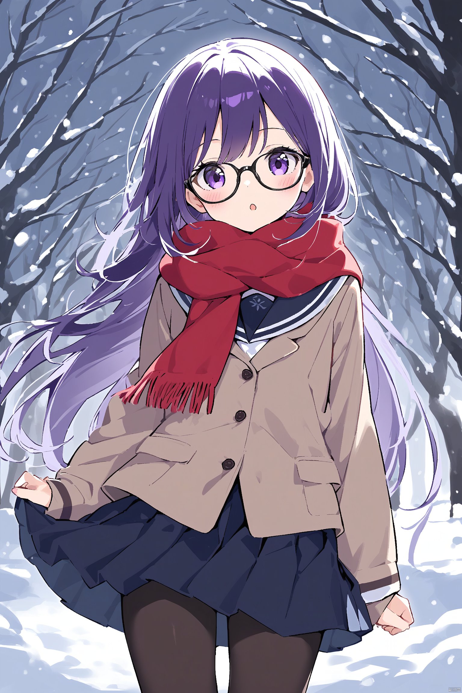 1girl, solo, scarf, long_hair, glasses, purple_eyes, pantyhose, school_uniform, looking_at_viewer, skirt, purple_hair, red_scarf, snowing, :o, black_pantyhose, snow, black_skirt, serafuku, black-framed_eyewear, long_sleeves, bangs, winter, cowboy_shot, very_long_hair, pleated_skirt, standing, bare_tree, parted_lips, blush, shirt