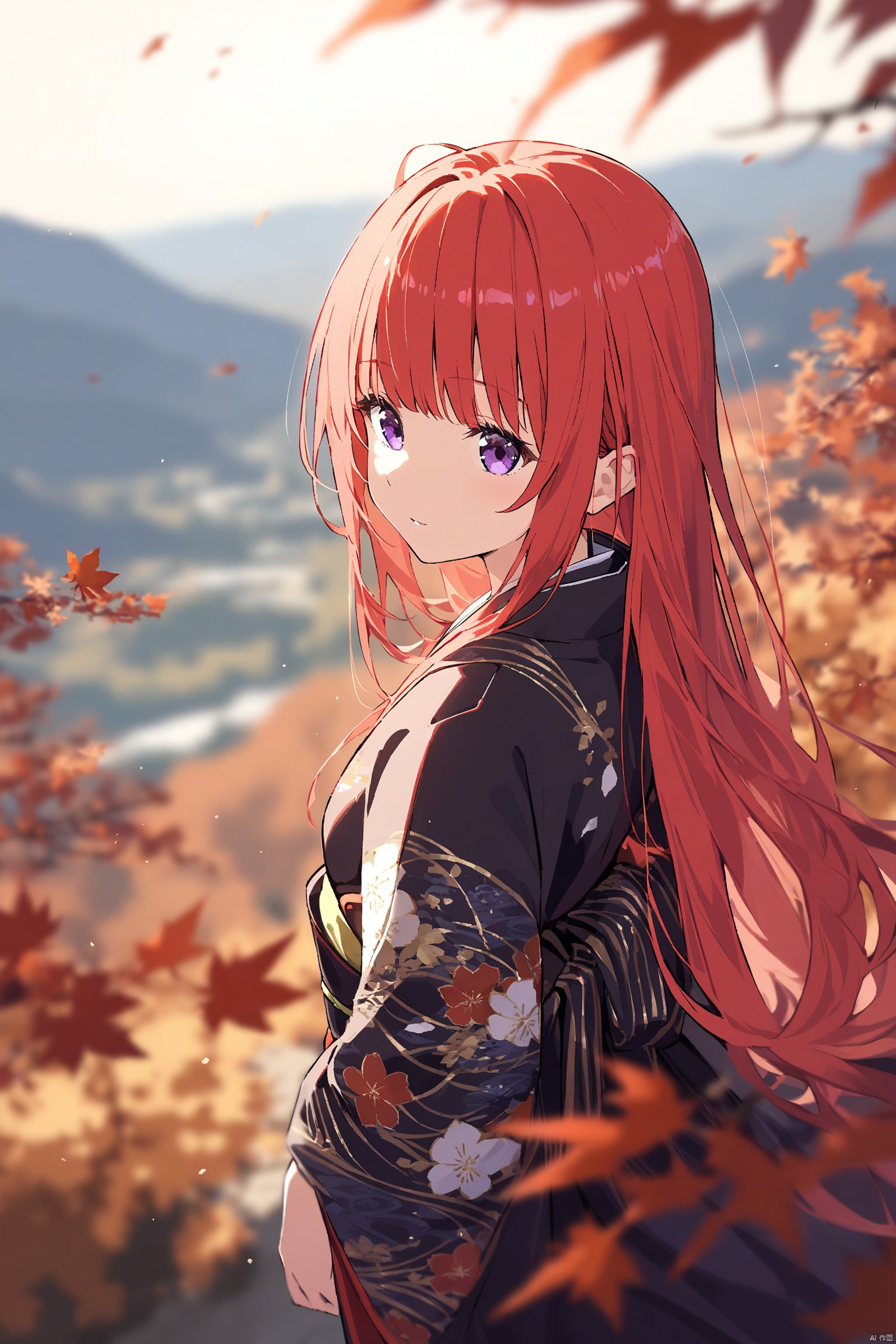 1girl,red hair,purple eyes,furisode,blurry,blurry_foreground,blurry_leaf,landscape,from_above,cowboy_shot,long hair