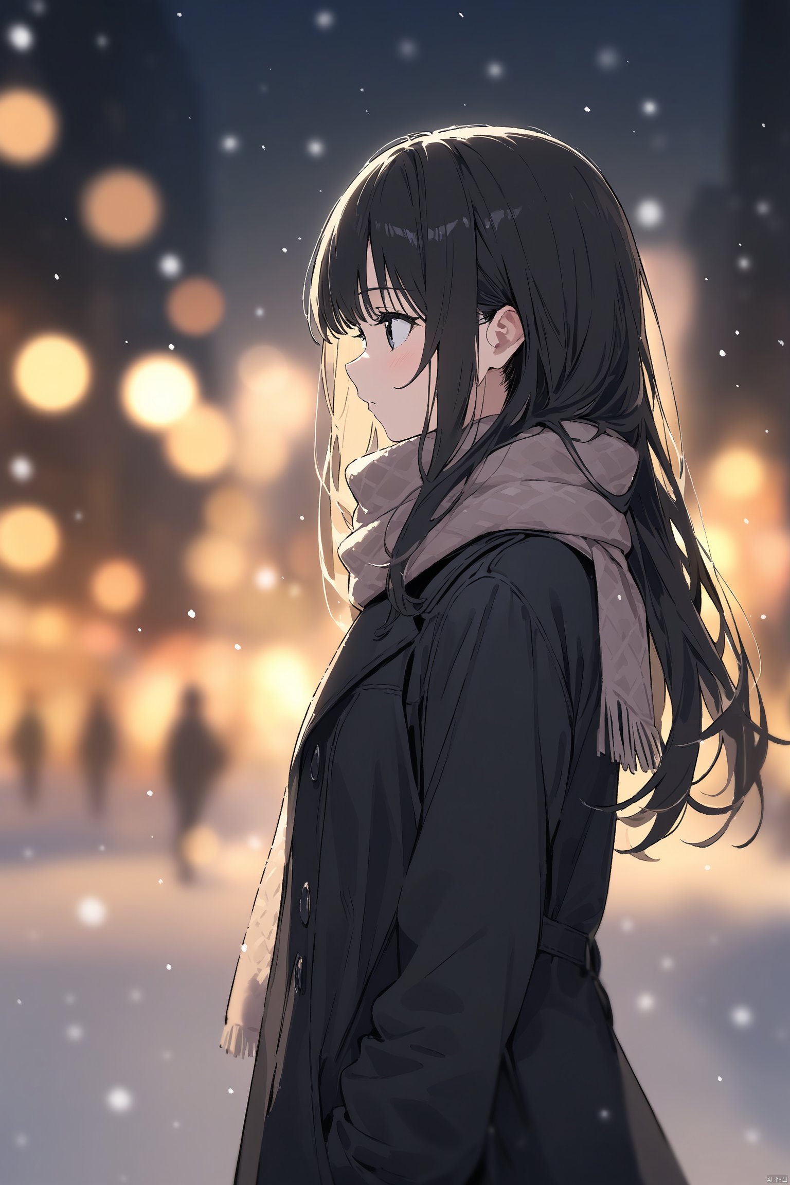 (masterpiece),(best quality),(masterpiece),(best quality),1girl, black_coat, black_hair, blurry, blurry_background, blurry_foreground, bokeh, city_lights, coat, depth_of_field, from_side, jacket, lens_flare, long_hair, long_sleeves, looking_away, motion_blur, outdoors, scarf, snow, snowing, solo, upper_body