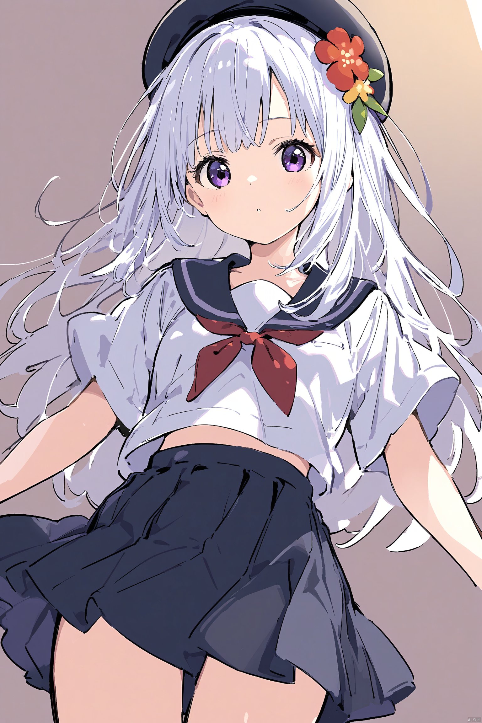 1girl, solo, long hair, school uniform, hat, purple eyes, flower, tomoeda elementary school uniform, skirt, serafuku, hair flower, hair ornament, white hair, beret, pleated skirt, sketch, looking at viewer