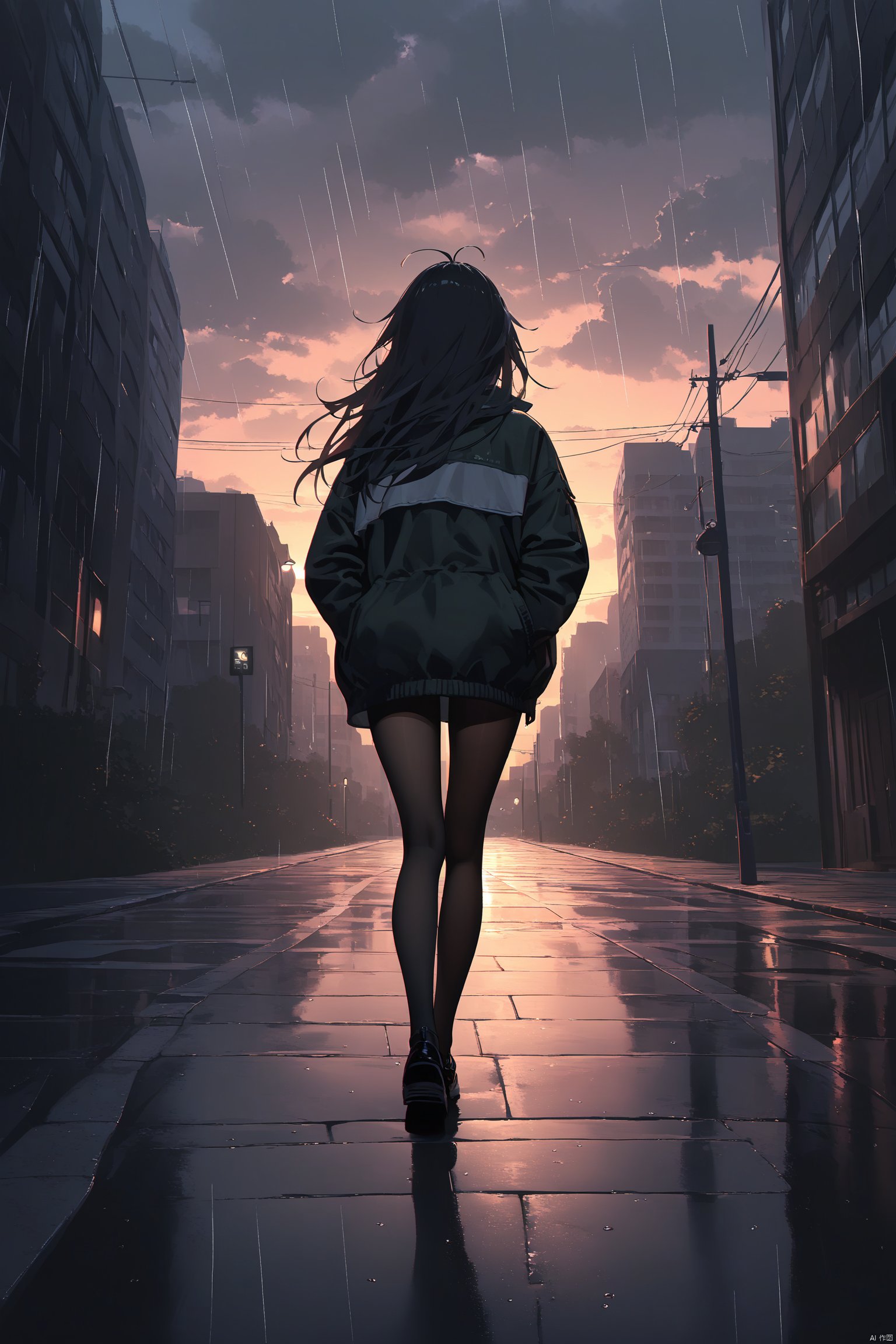 masterpiece,best quality,(ray tracing, cinematic lighting),ex-light,(central composition, Centered Composition and Symmetry:0.6),(back to camera:1.3),backlight,1girl,((solo)),black long hair,messy hair,jacket,pantyhose,rainy day,Cumulonimbus Cloud,(put hands in pockets),(outdoors, rain, sky, deserted streets, watered-down pavements, crossroad, fork in the road),tall buildings,bell towers,glass,reflections,streetlights,sunset,Tyndall Effect,