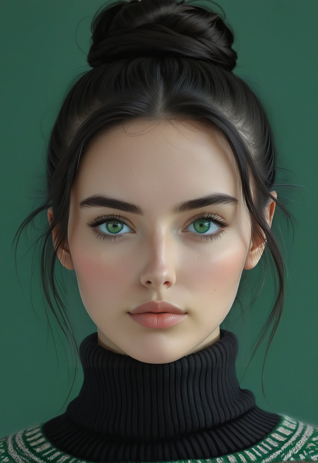 1girl, solo, looking at viewer, green eyes, black hair, black hair, closed mouth, hair bun, sweater, lips, turtleneck, portrait,, realistic, black sweater,ENHANCE,photorealistic,4k