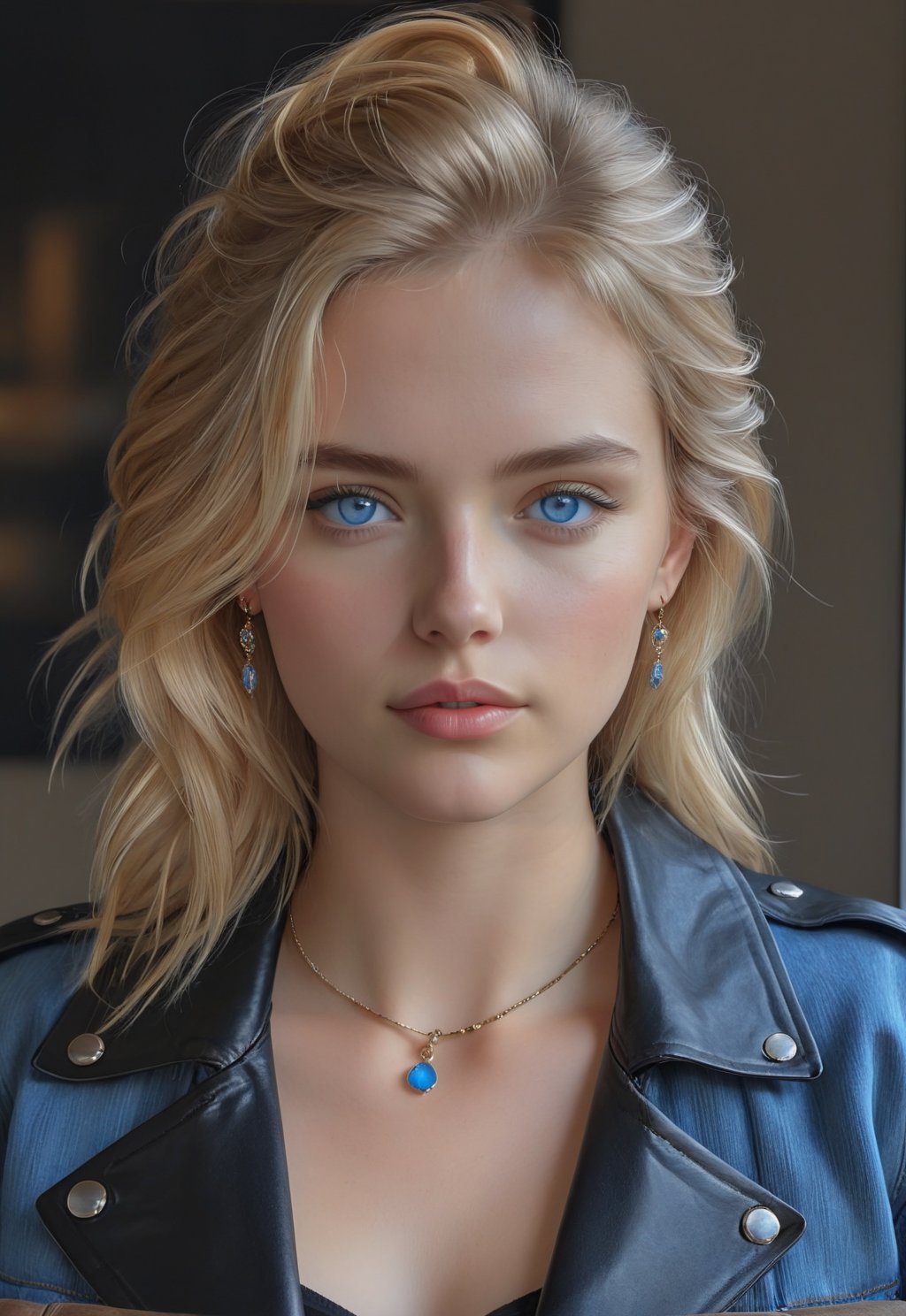 1girl, solo, looking at viewer, blue eyes, blonde hair, shirt, jewelry, jacket, upper body, earrings, lips, black shirt, denim, realistic, leather, leather jacket, denim jacket,ENHANCE,photorealistic,4k