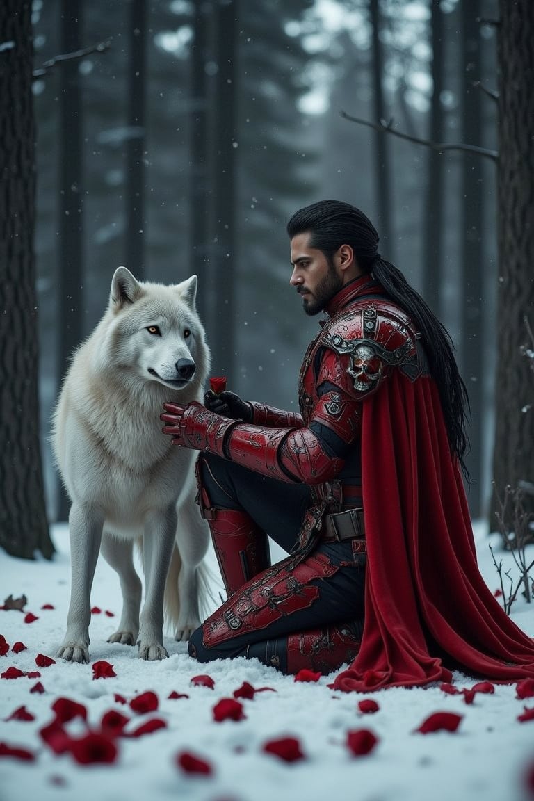 In a cinematic close-up, low-angle shot, a crimson-clad knight kneels upon a snowy canvas scattered with rose petals, his red and silver attire adorned with gleaming skulls. The majestic white wolf stands beside him, its piercing gaze mirroring the knight's intense focus as he holds a red rose in hand. Framed by dark forest trees, the knight's powerful pose commands attention amidst the serene winter wonderland, with the F-GVA Armour Suit and Fantasy detailers adding to the dramatic illustration.