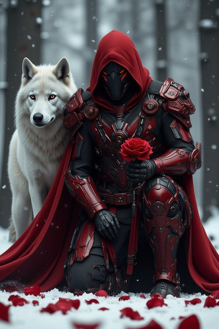 A crimson-clad knight, hood and cape billowing, kneels upon a snowy canvas scattered with rose petals. A majestic white wolf stands beside him, its piercing gaze mirroring the knight's own intense focus. (((The knight's red and silver attire, adorned with gleaming skulls))), seems to absorb the soft forest glow at his back. His black mask and finely detailed face appear as if chiseled from dark stone. the knight (((holding a red rose in hand))). The (((digital painting illustration))) captures a cinematic moment, as the knight's powerful pose commands attention amidst the serene winter wonderland. close-up, low-angle shot, dynamic pose, F-GVA Armour Suit,Fantasy detailers ,