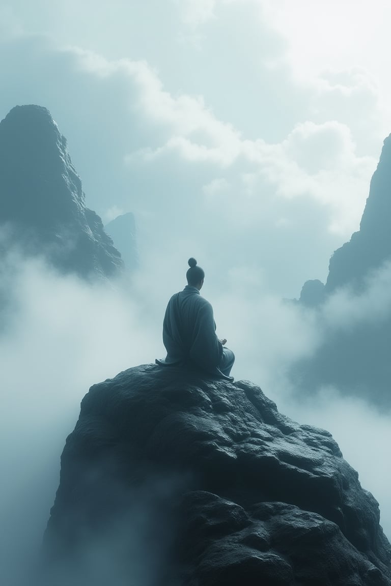 A monk meditating atop a misty mountain, surrounded by swirling clouds, game engine, cgi, chinese, unreal engine, soft lighting, spiritual.