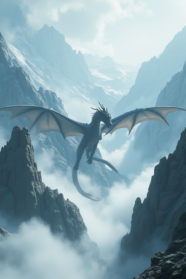 A dragon soaring through misty mountain peaks, game engine, cgi, chinese, unreal engine, epic scale, cinematic, fluid movement.