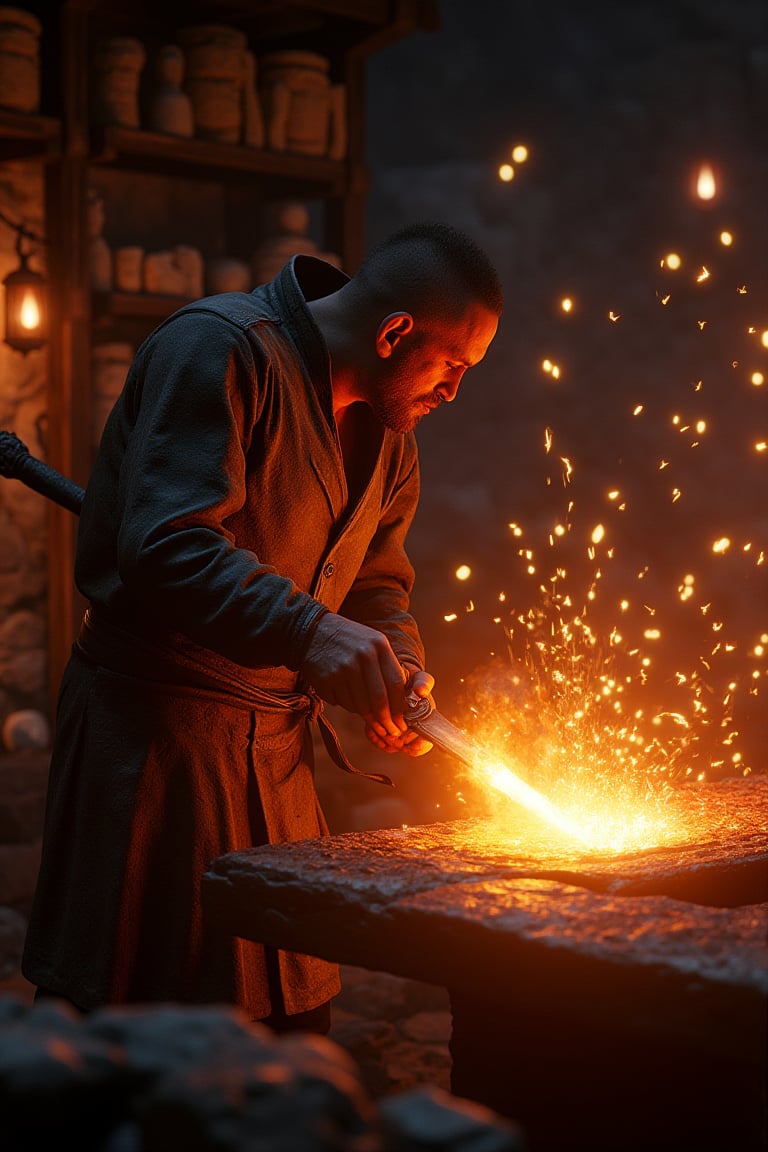 A blacksmith at work forging a glowing sword, sparks flying in a dimly lit workshop, game engine, cgi, chinese, unreal engine, vibrant detail, action.