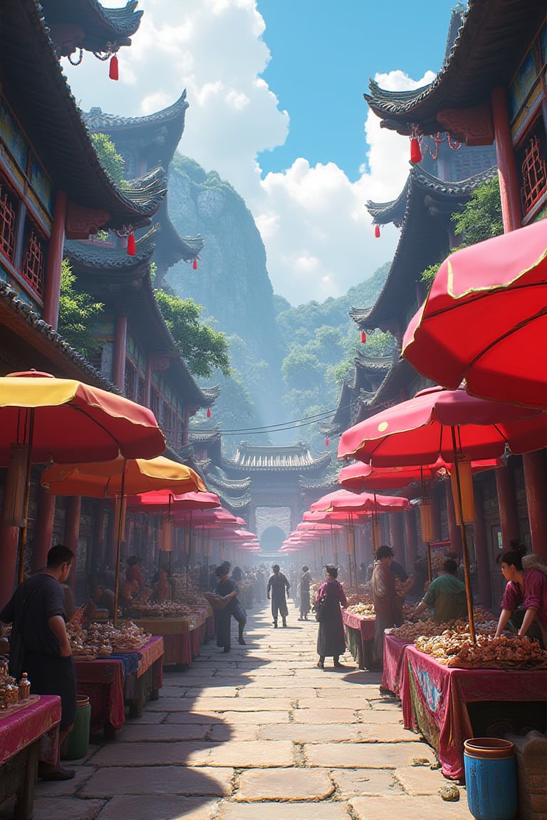 A vibrant marketplace with vendors selling mystical artifacts under colorful canopies, game engine, cgi, chinese, unreal engine, vibrant colors, ancient architecture, detailed landscape.