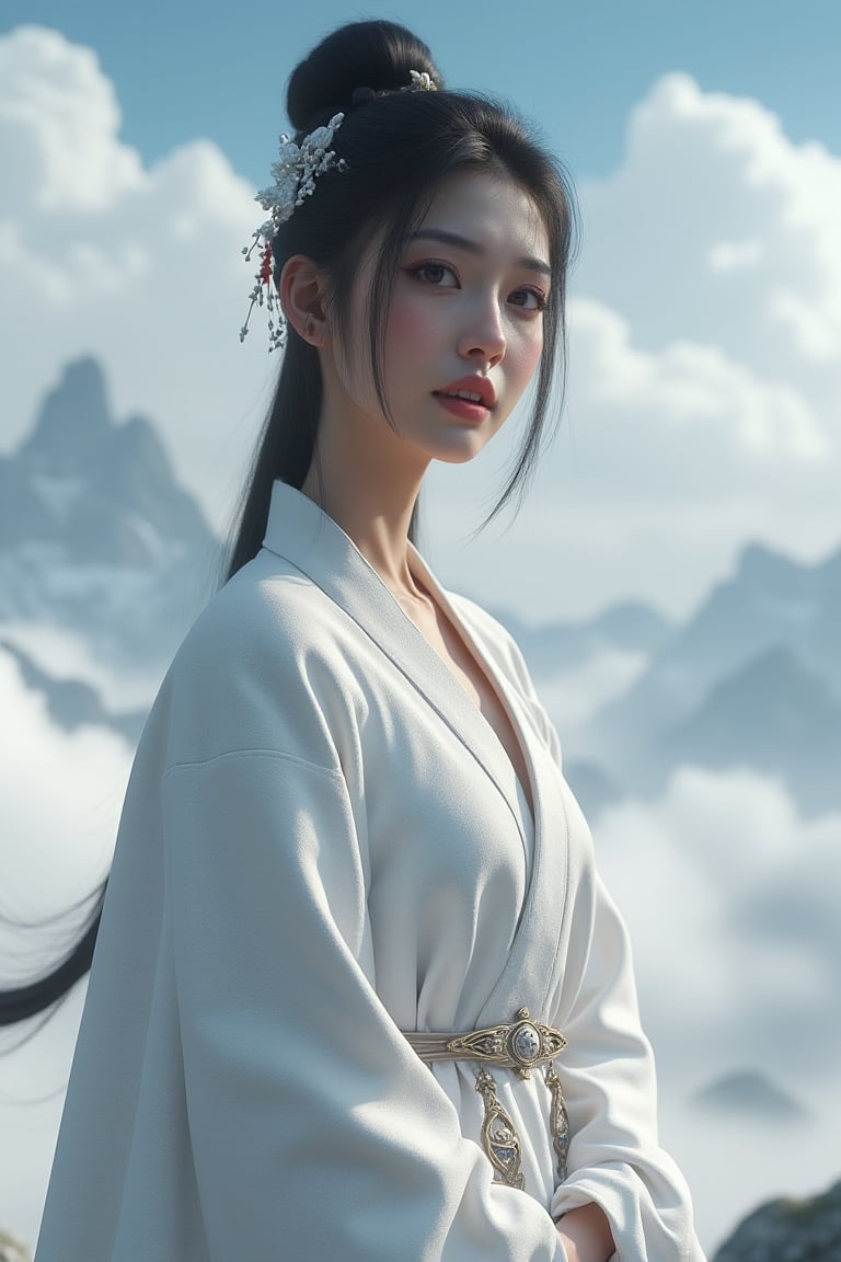 portrait of woman wearing white robe, game engine, cgi, chinese, unreal engine, clouds, detailed landscape