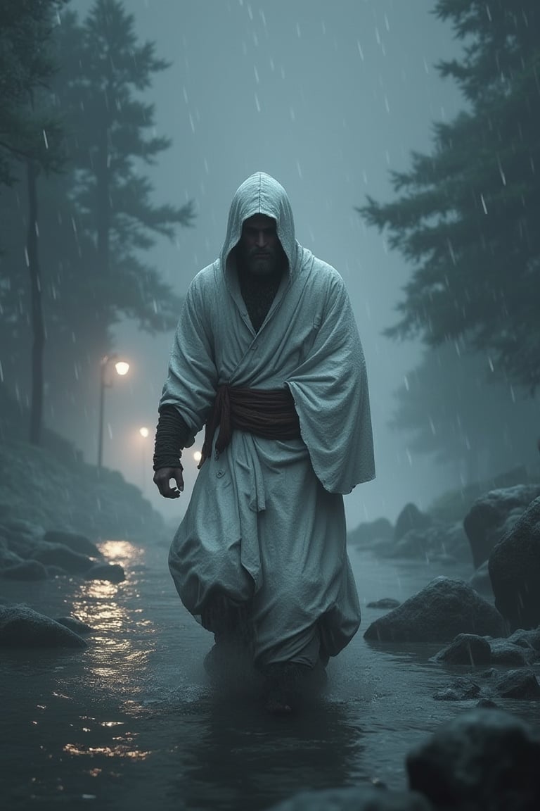 a man wearing white robe, game engine, unreal engine, rainy