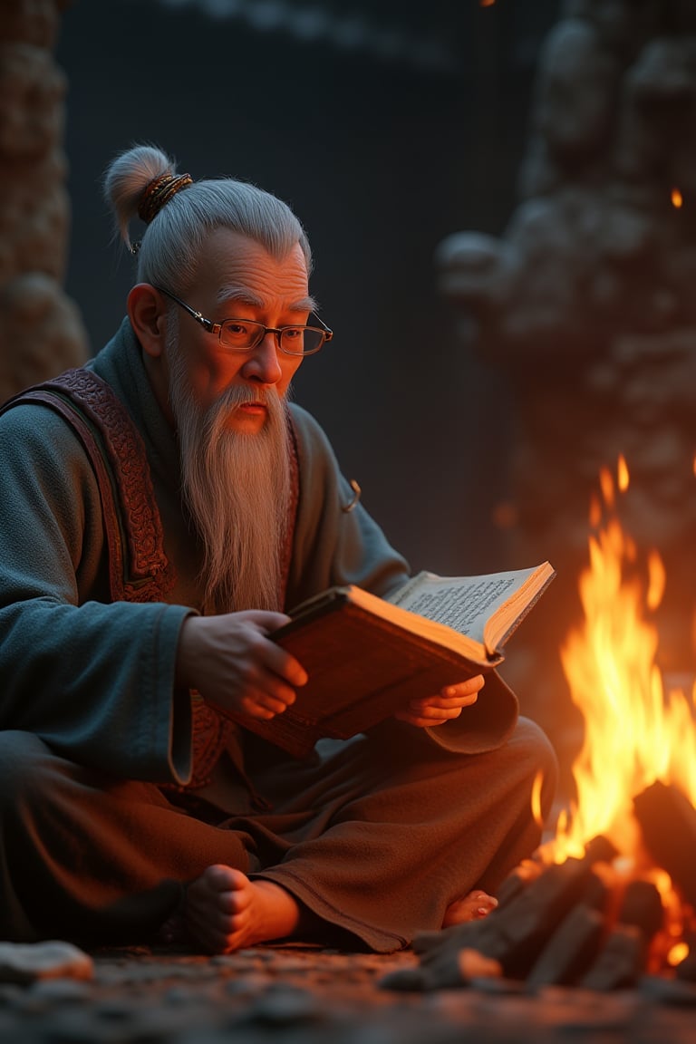 An elder telling stories by a crackling fire in a cozy village, game engine, cgi, chinese, unreal engine, warm tones, storytelling.