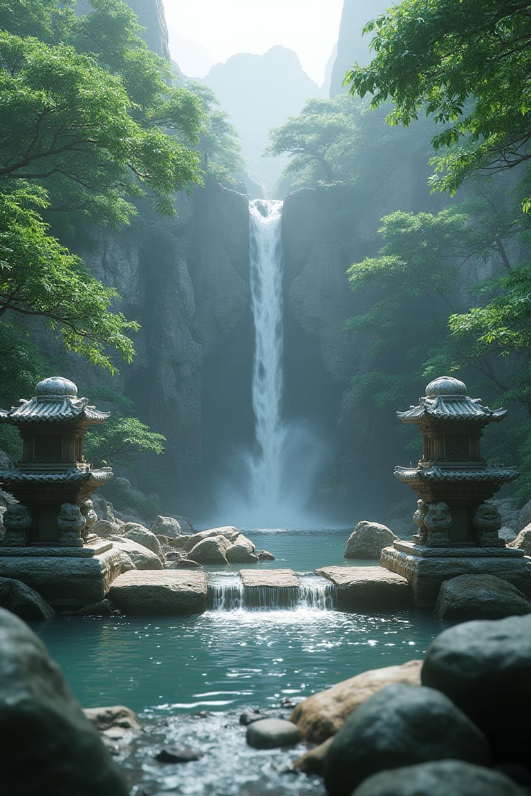 A serene temple by a waterfall, stone statues, and trickling water, game engine, cgi, chinese, unreal engine, peaceful, nature.