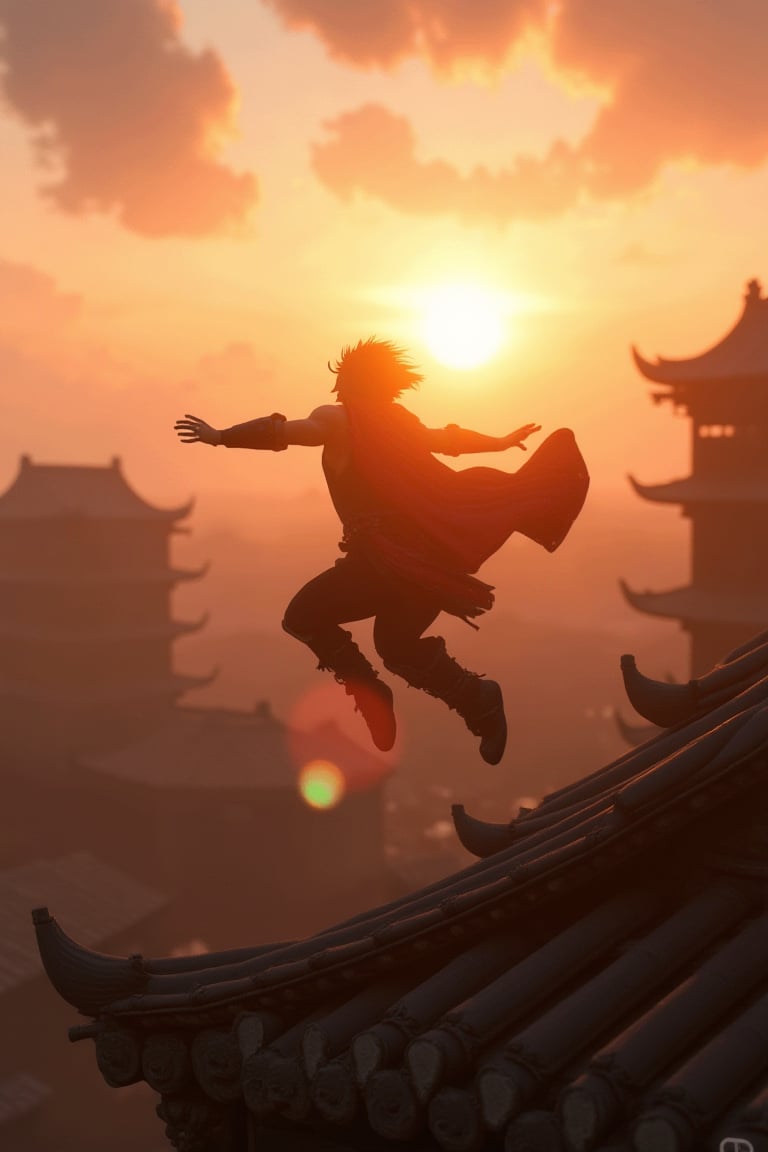 A hero leaping across rooftops at dawn, shadows stretching with the morning sun, game engine, cgi, chinese, unreal engine, dynamic lighting, movement.