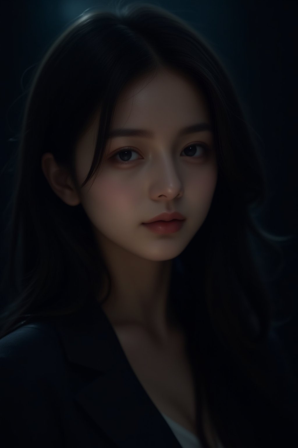 A stunning portrait of a girl with high detailed skin and luscious black hair, set against a dark background in a dimly lit room. Her gorgeous locks frame her puffy eyes, which seem to sparkle in the soft glow of rim lighting. The atmosphere is intimate and mysterious, as if captured on a dark night indoors.