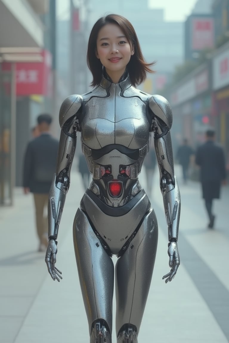 Beautiful and cute korean robot girls are walking on the street with happy faces, gynoid