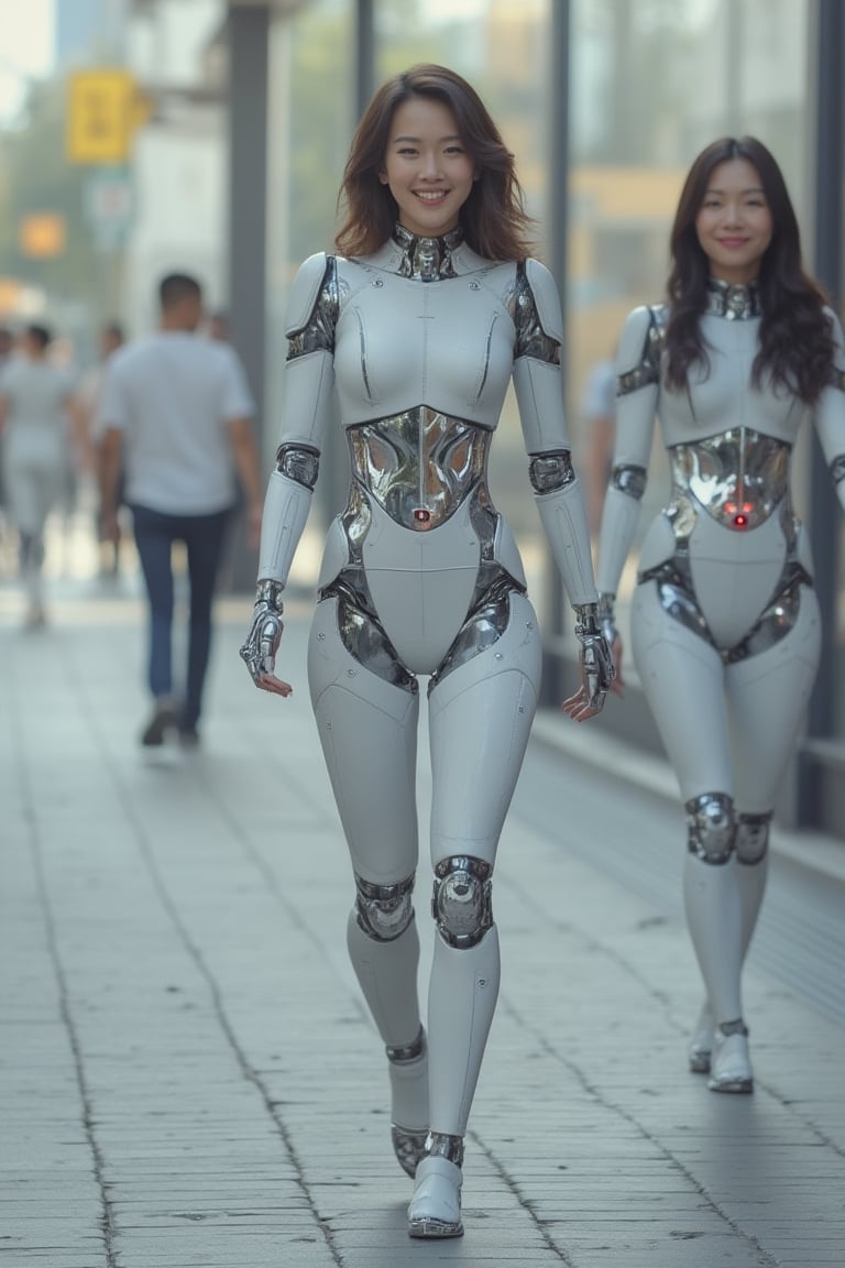 Beautiful and cute korean robot girls are walking on the street with happy faces, gynoid