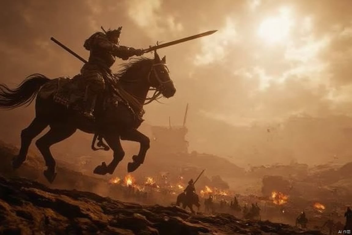 Create a dynamic 3A-quality video game scene featuring a massive, armored warrior on a charging warhorse, wielding a gleaming sword. The setting is a vast, open battlefield with dramatic, sweeping camera angles. The lighting is intense, with sun rays piercing through the clouds, casting dramatic shadows. The warrior's expression is fierce, embodying the spirit of 金戈铁马！气吞山河！ The composition emphasizes the scale and power of the warrior and horse, with distant armies clashing in the background.