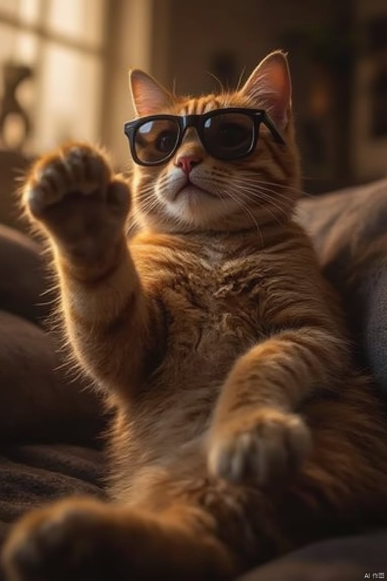 Create an image of a playful, lounging cat wearing stylish sunglasses, indoors. The cat's pose is relaxed, with one paw slightly raised. The lighting is soft and warm, highlighting the cat's fur and the reflective lenses of the sunglasses. The composition focuses on the cat's face and upper body, with a blurred background that suggests a cozy living room.