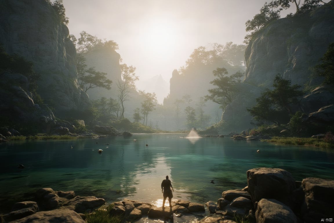 Design a stunning 3A-quality video game environment showcasing breathtaking, serene landscapes. The scene features towering, lush mountains, a crystal-clear lake reflecting the sky, and a dense forest. The lighting is soft and golden, with morning sunlight filtering through the trees, casting gentle shadows. The composition is panoramic, capturing the vastness and beauty of the natural setting. The player character, a lone traveler, stands by the lake, admiring the 绝美山水 view, with wildlife subtly moving in the background.