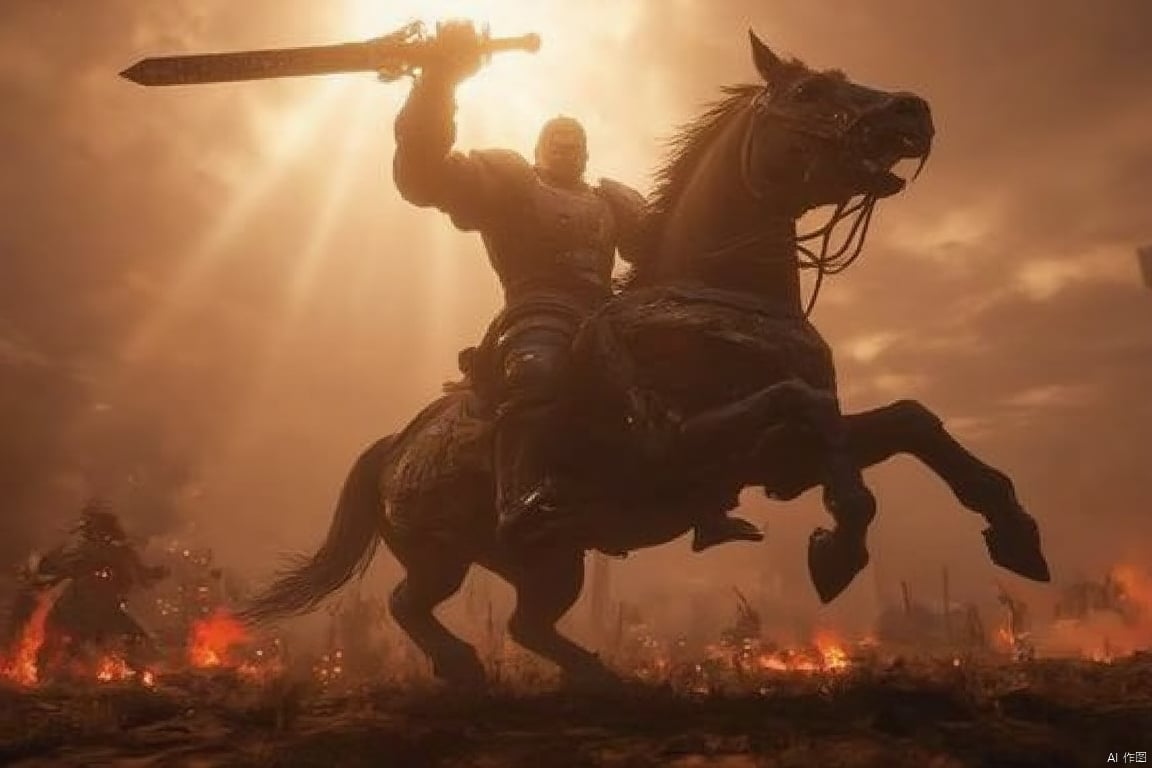 Create a dynamic 3A-quality video game scene featuring a massive, armored warrior on a charging warhorse, wielding a gleaming sword. The setting is a vast, open battlefield with dramatic, sweeping camera angles. The lighting is intense, with sun rays piercing through the clouds, casting dramatic shadows. The warrior's expression is fierce, embodying the spirit of 金戈铁马！气吞山河！ The composition emphasizes the scale and power of the warrior and horse, with distant armies clashing in the background.