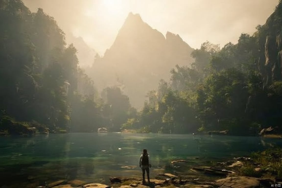 Design a stunning 3A-quality video game environment showcasing breathtaking, serene landscapes. The scene features towering, lush mountains, a crystal-clear lake reflecting the sky, and a dense forest. The lighting is soft and golden, with morning sunlight filtering through the trees, casting gentle shadows. The composition is panoramic, capturing the vastness and beauty of the natural setting. The player character, a lone traveler, stands by the lake, admiring the 绝美山水 view, with wildlife subtly moving in the background.