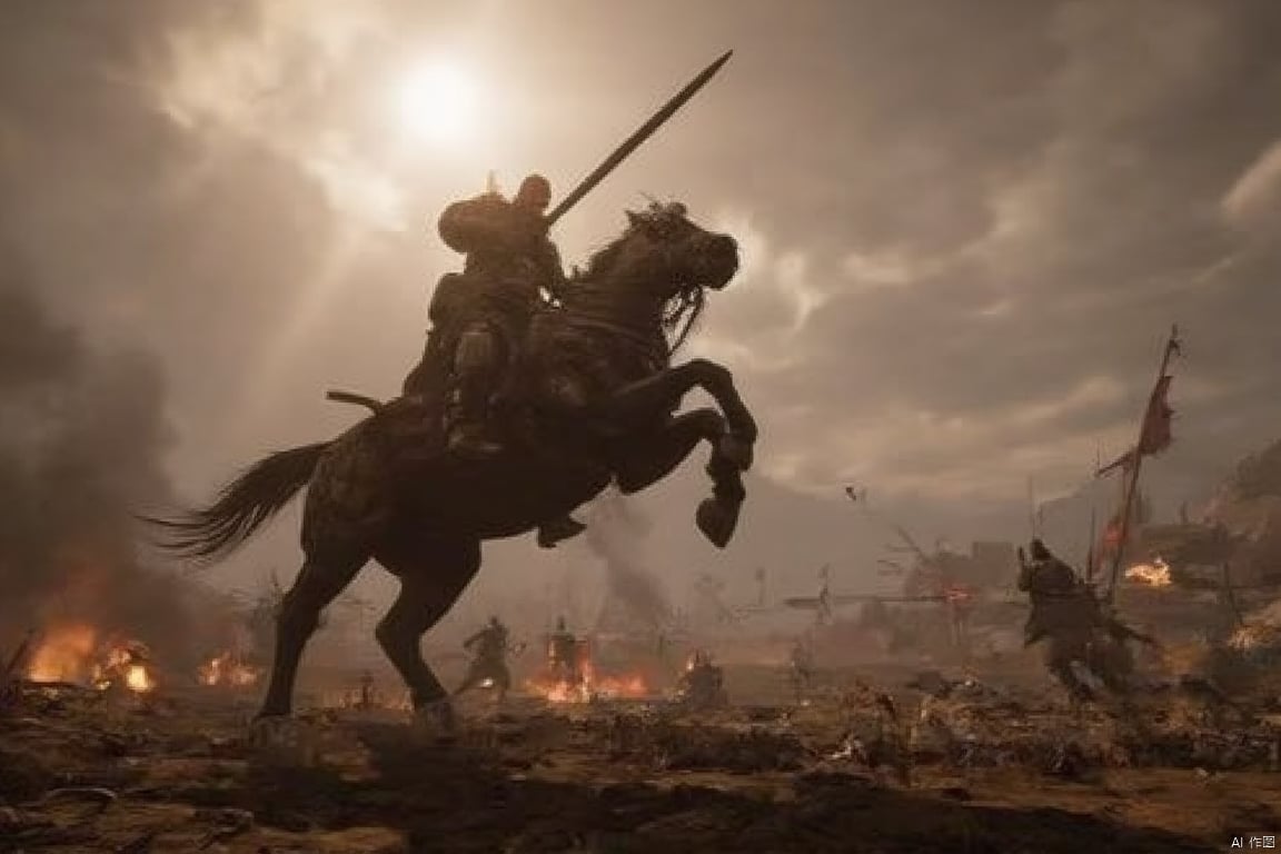 Create a dynamic 3A-quality video game scene featuring a massive, armored warrior on a charging warhorse, wielding a gleaming sword. The setting is a vast, open battlefield with dramatic, sweeping camera angles. The lighting is intense, with sun rays piercing through the clouds, casting dramatic shadows. The warrior's expression is fierce, embodying the spirit of 金戈铁马！气吞山河！ The composition emphasizes the scale and power of the warrior and horse, with distant armies clashing in the background.