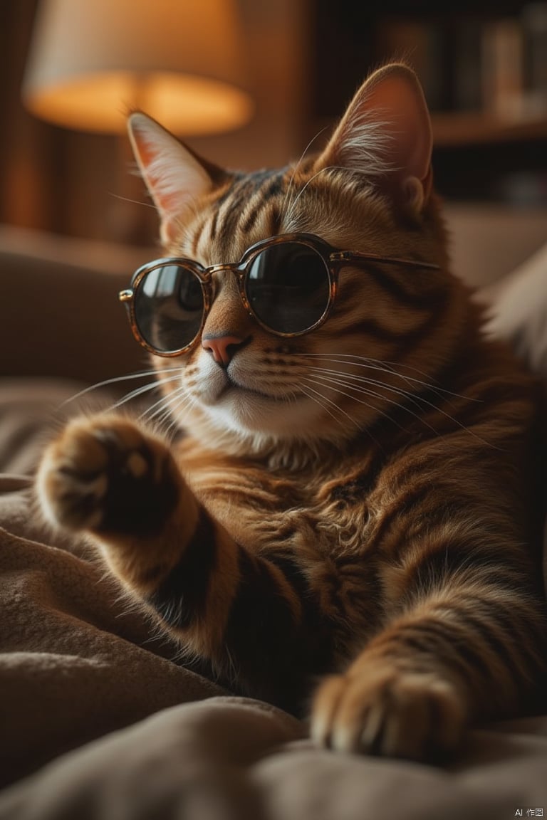 Create an image of a playful, lounging cat wearing stylish sunglasses, indoors. The cat's pose is relaxed, with one paw slightly raised. The lighting is soft and warm, highlighting the cat's fur and the reflective lenses of the sunglasses. The composition focuses on the cat's face and upper body, with a blurred background that suggests a cozy living room.