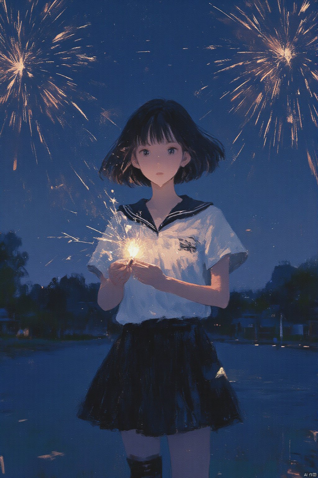 sparkler, fireworks, solo, 1girl, holding_fireworks, sky, night, night_sky, skirt, outdoors, seele_vollerei, star_(sky), shirt, thighhighs, white_shirt, school_uniform, blue_eyes, looking_up, water, short_sleeves, pleated_skirt, holding, starry_sky, black_skirt, short_hair, sailor_collar, wading