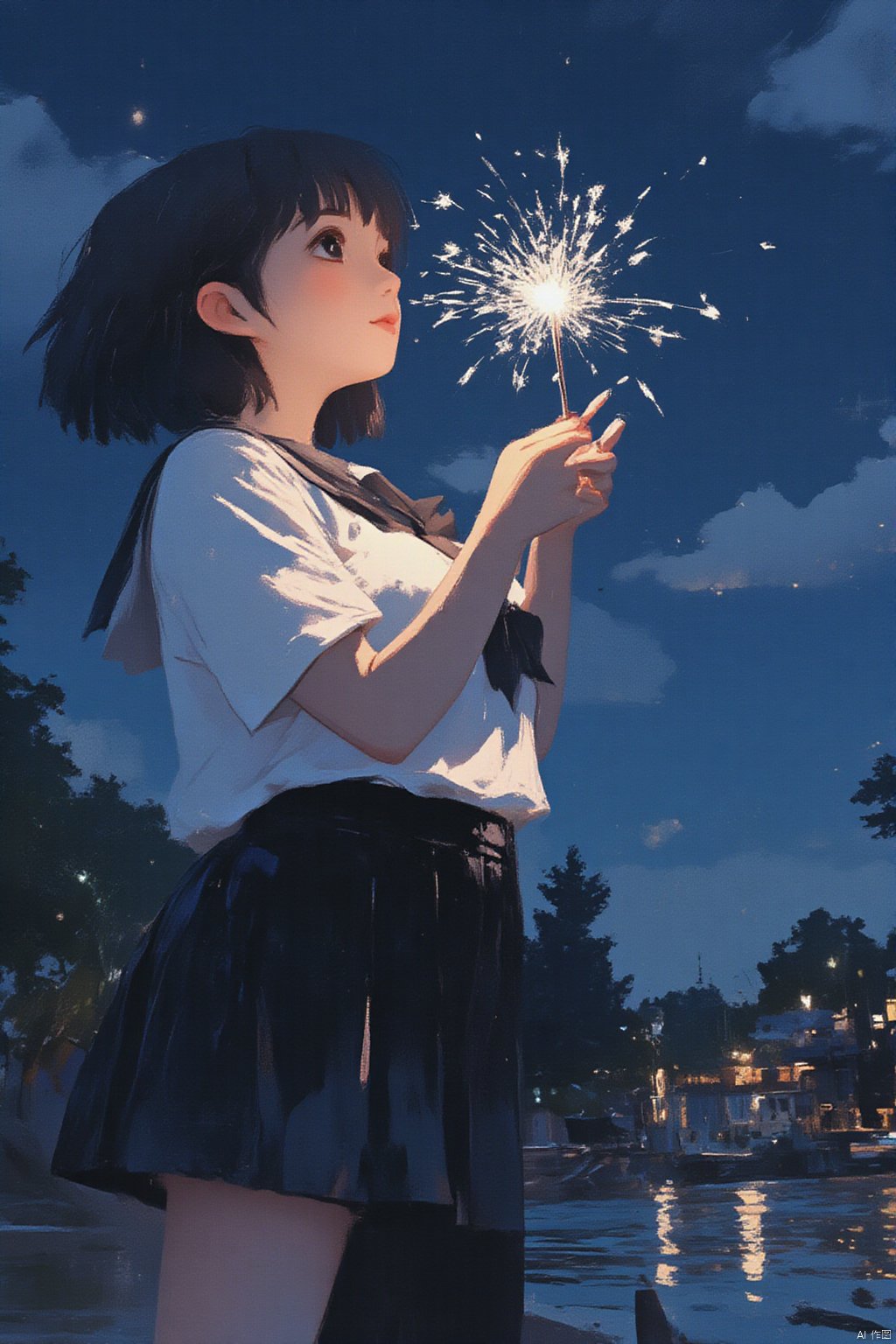 sparkler, fireworks, solo, 1girl, holding_fireworks, sky, night, night_sky, skirt, outdoors, seele_vollerei, star_(sky), shirt, thighhighs, white_shirt, school_uniform, blue_eyes, looking_up, water, short_sleeves, pleated_skirt, holding, starry_sky, black_skirt, short_hair, sailor_collar, wading