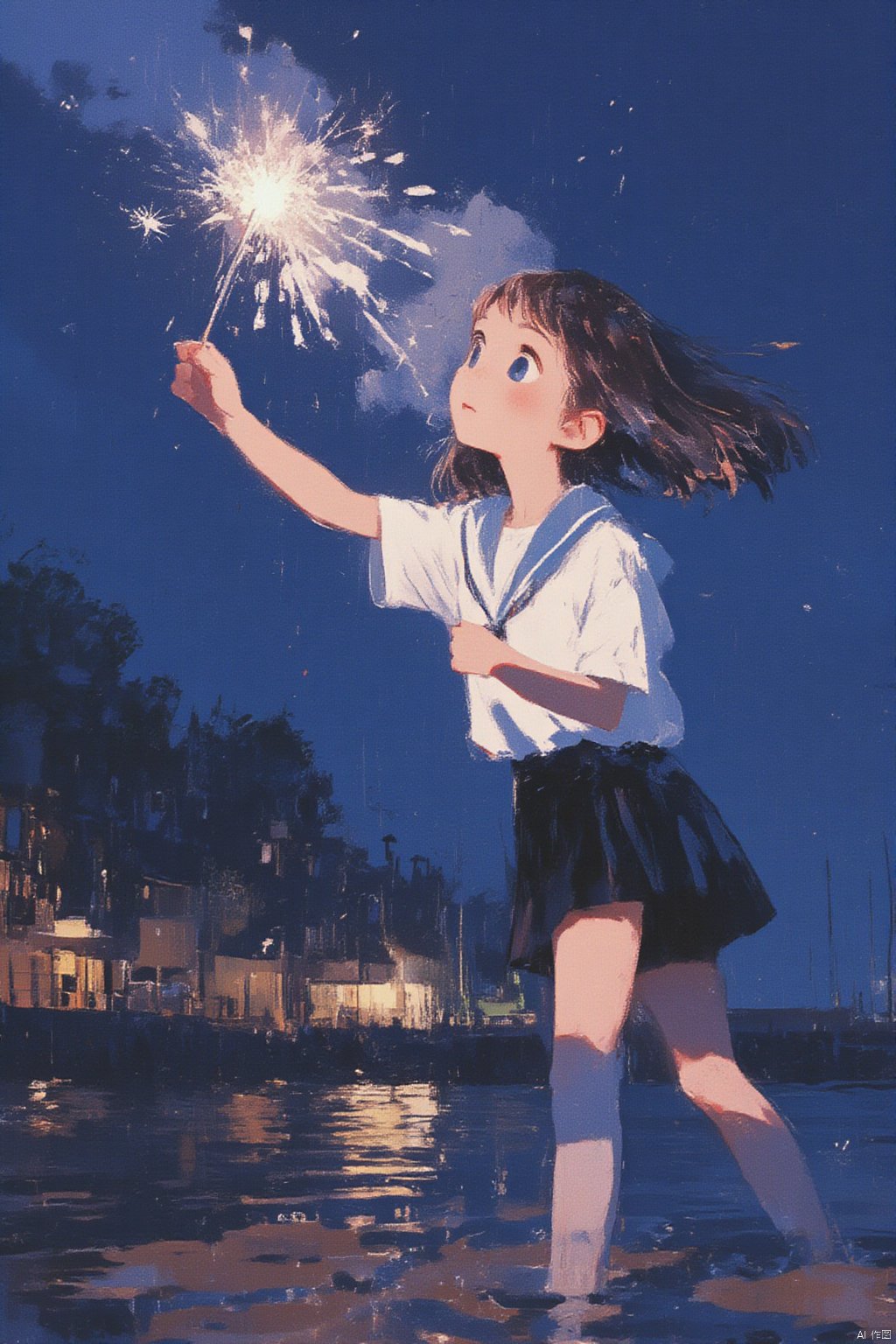 sparkler, fireworks, solo, 1girl, holding_fireworks, sky, night, night_sky, skirt, outdoors, seele_vollerei, star_(sky), shirt, thighhighs, white_shirt, school_uniform, blue_eyes, looking_up, water, short_sleeves, pleated_skirt, holding, starry_sky, black_skirt, short_hair, sailor_collar, wading