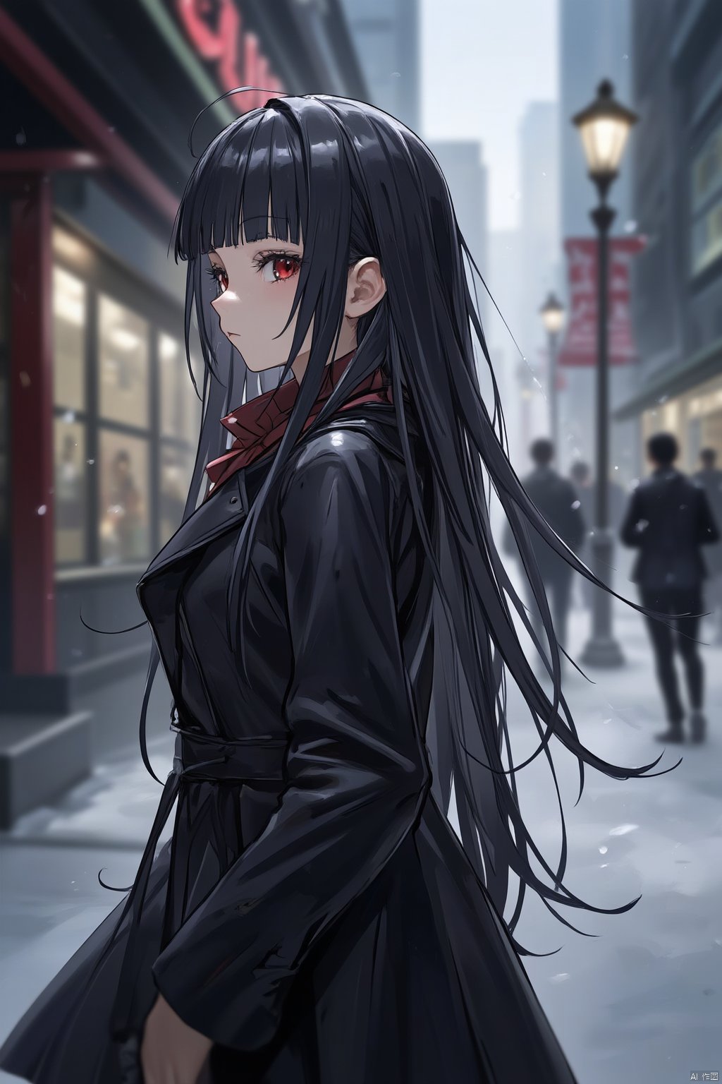 (masterpiece),(best quality),(masterpiece),(best quality),1girl, black_coat, black_hair, blurry, blurry_background, blurry_foreground, bokeh, city_lights, coat, depth_of_field, from_side, jacket, lens_flare, long_hair, long_sleeves, looking_away, motion_blur, outdoors, scarf, snow, snowing, solo, upper_body