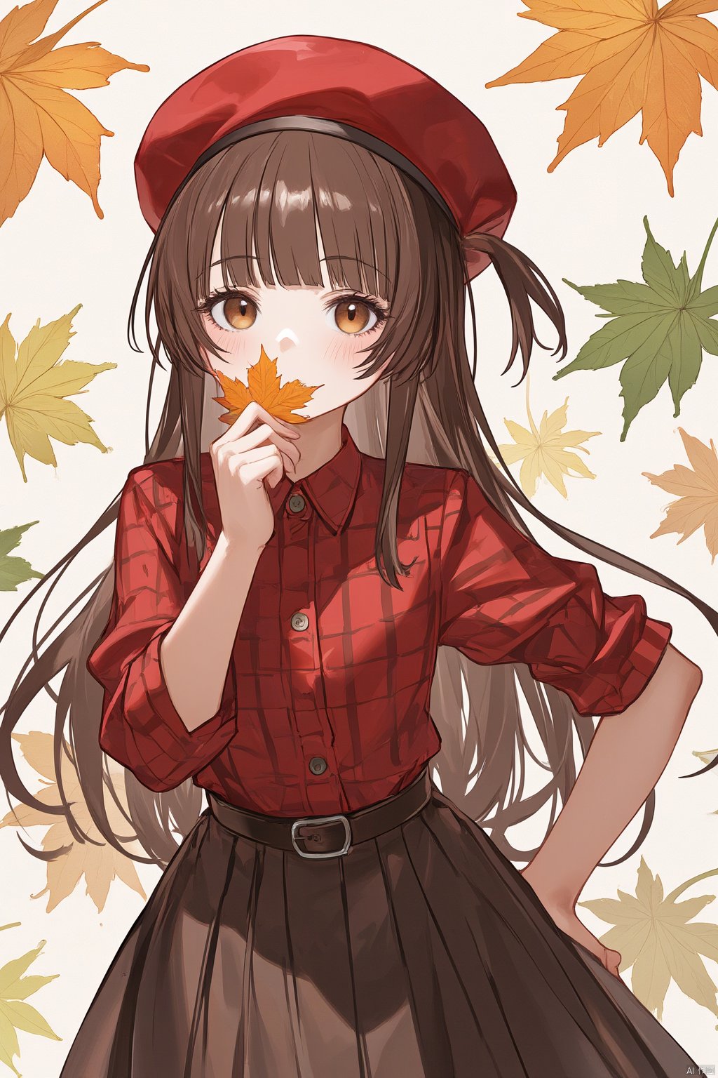 best quality, amazing quality, very aesthetic,petite,loli,1girl, solo, long_hair, skirt, brown_eyes, brown_hair, hat, shirt, leaf, holding, blush, looking_at_viewer, long_sleeves, brown_skirt, holding_leaf, maple_leaf, beret, bangs, autumn_leaves, red_headwear, plaid, covering_mouth, very_long_hair, arm_behind_back, belt, collarbone