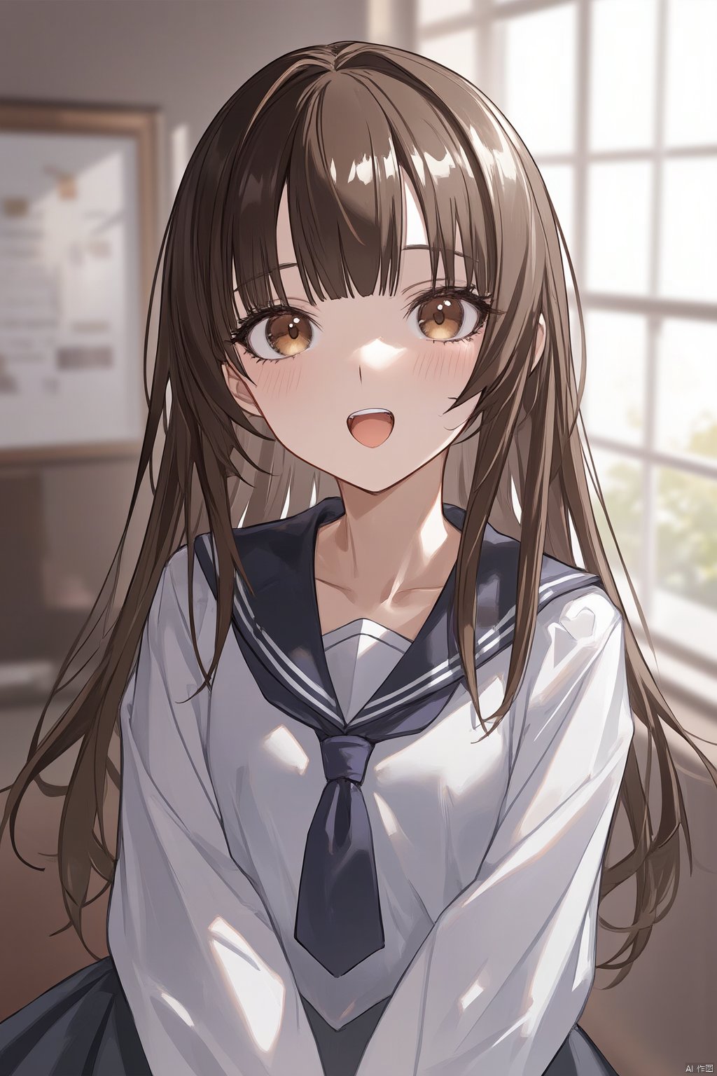 best quality, amazing quality, very aesthetic, absurdres,1girl, solo, brown_eyes, brown_hair, sailor_collar, bangs, long_hair, blush, looking_at_viewer, school_uniform, white_shirt, shirt, long_sleeves, window, black_sailor_collar, blurry_background, blurry, serafuku, indoors, parted_lips, upper_body, head_tilt, depth_of_field, open_mouth, :o