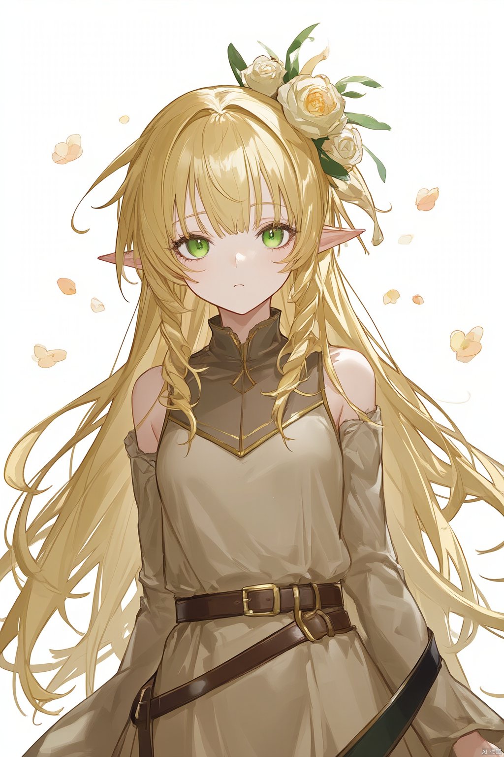 solo, 1girl, long hair, flower, blonde hair, hair flower, hair ornament, pointy ears, green eyes, braid, belt, looking at viewer, weapon, bare shoulders, elf, petals, white background